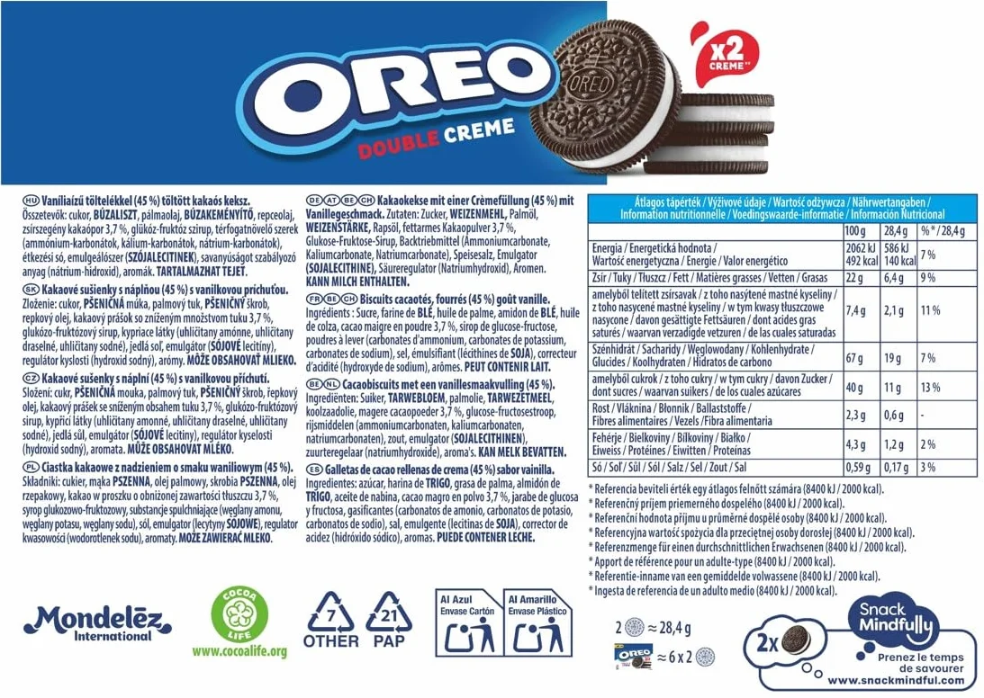 Oreo Doble Crema, Galletas de chocolate rellenas de doble crema sabor vainilla, Las galletas clásicas pero con doble relleno, Paquete de 10 x 170 g
