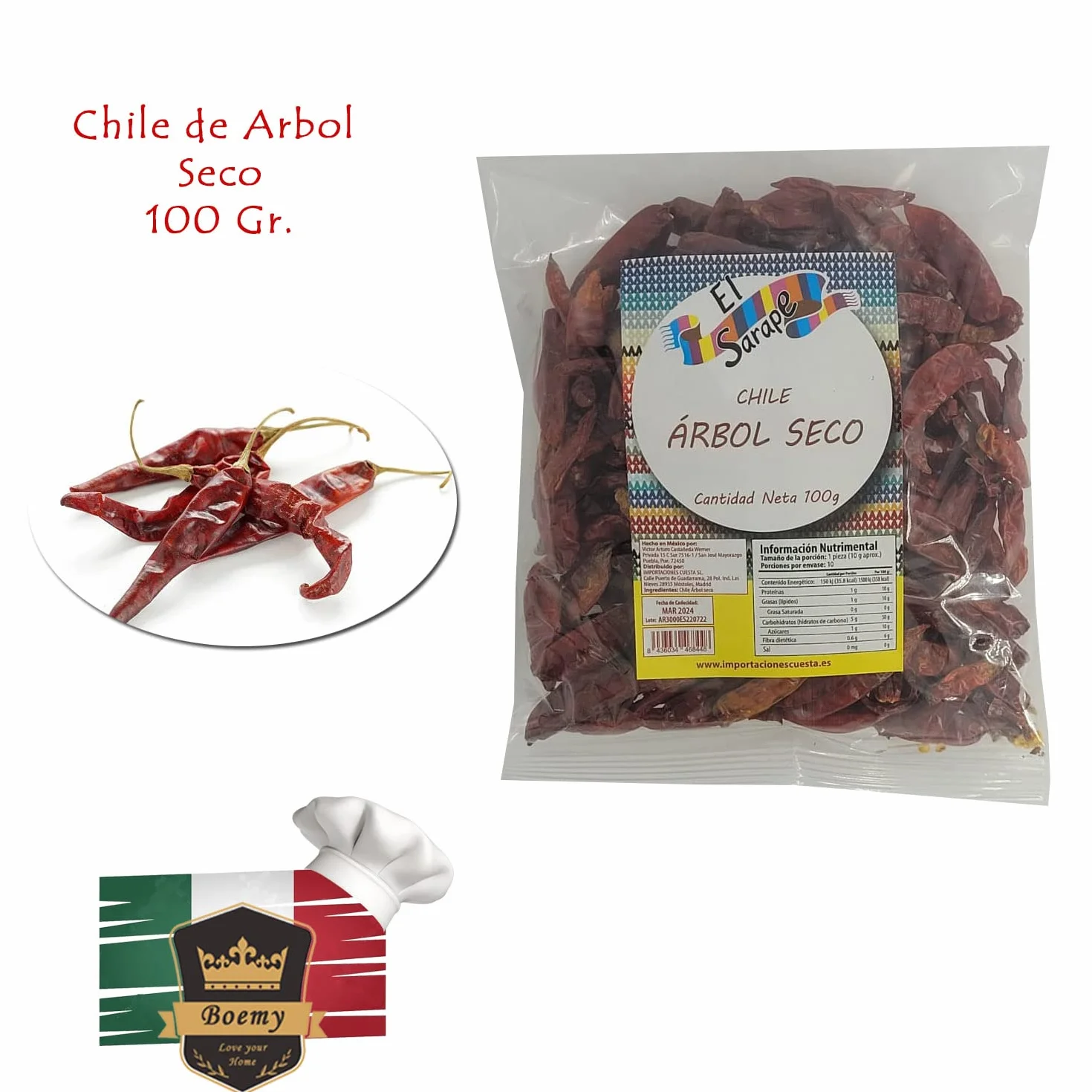 El Sarape Pack Chiles Mexicanos 4 Variedades Chiles Secos 100g Chile de Árbol Guajillo Pasilla Ancho