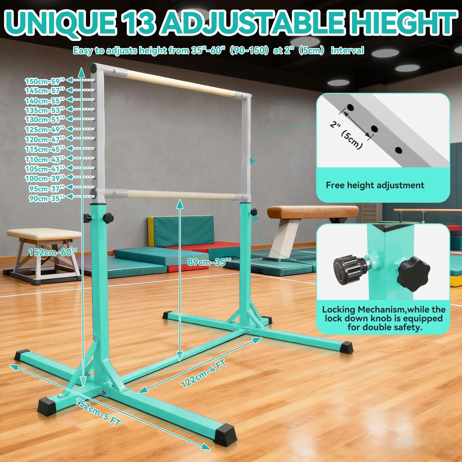 FBSPORT Barra de Gimnasia para Niños Altura Ajustable 13 Niveles con Anillos Expandible Verde