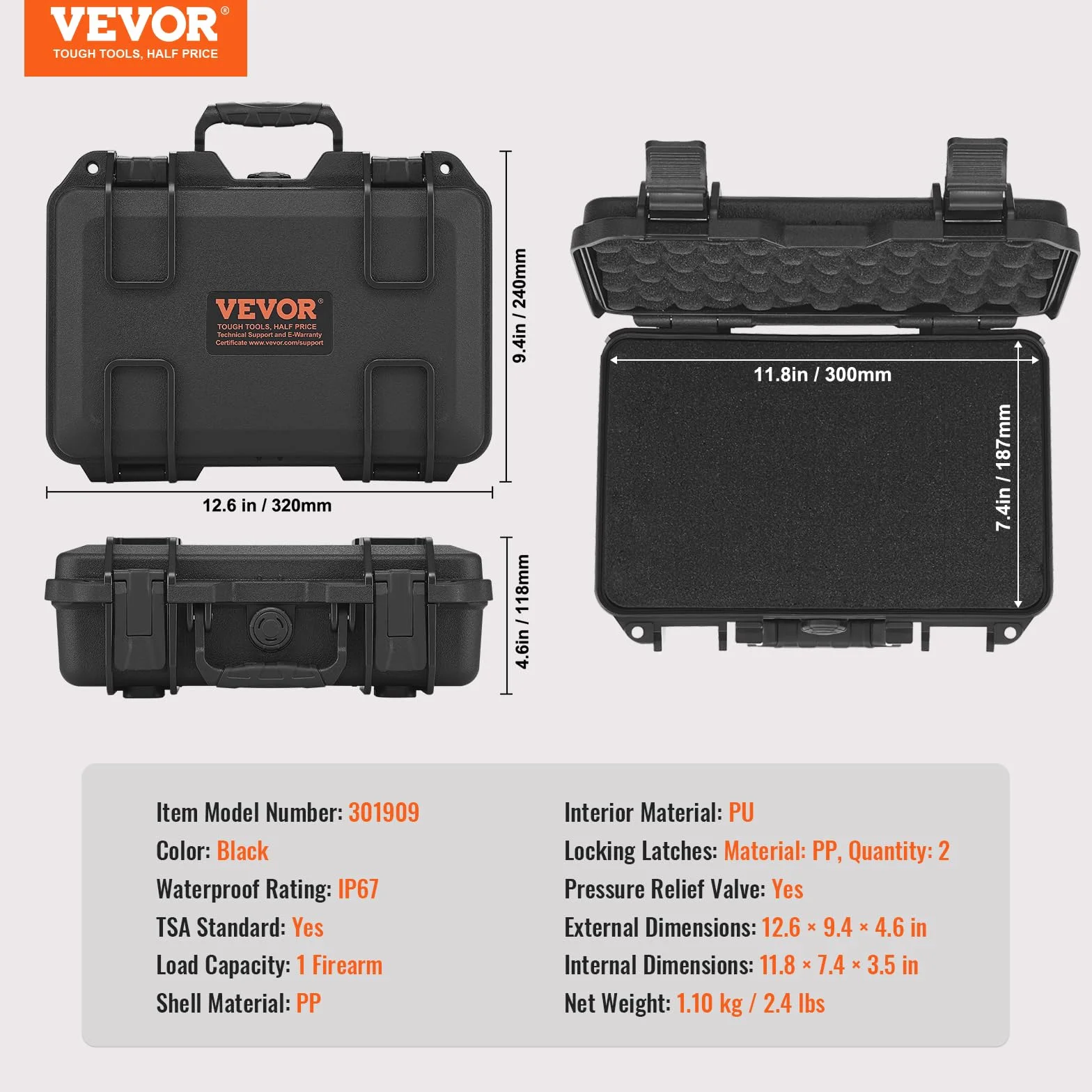 VEVOR Estuche Rígido para Pistola con Espuma de PU Precortada, 320x240x118 mm, Resistente al Agua y Polvo, Negro