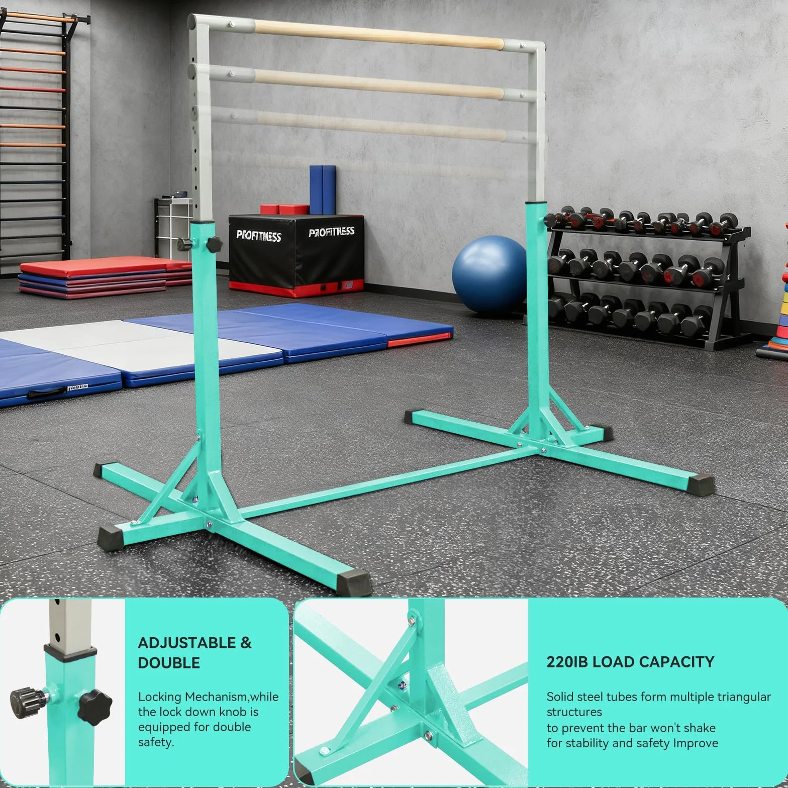 FBSPORT Barra de Gimnasia para Niños Altura Ajustable 13 Niveles con Anillos Expandible Verde