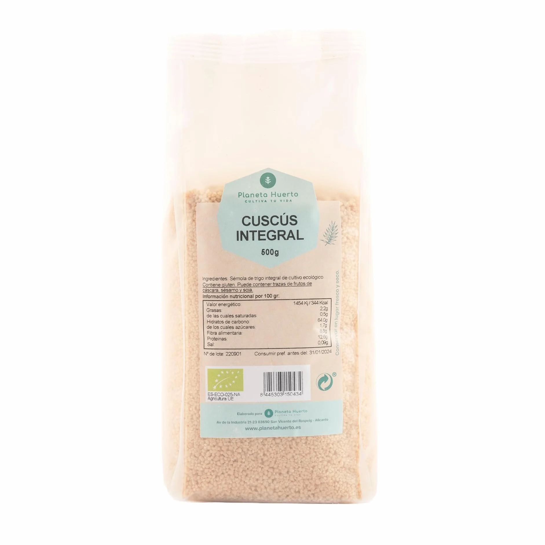 PLANETA HUERTO | Cous Cous Integral ECO 500g Rico en Carbohidratos, Vitaminas B y Minerales - Cous Cous Bajo en Colesterol y Sodio | 100% Natural y Ecológico