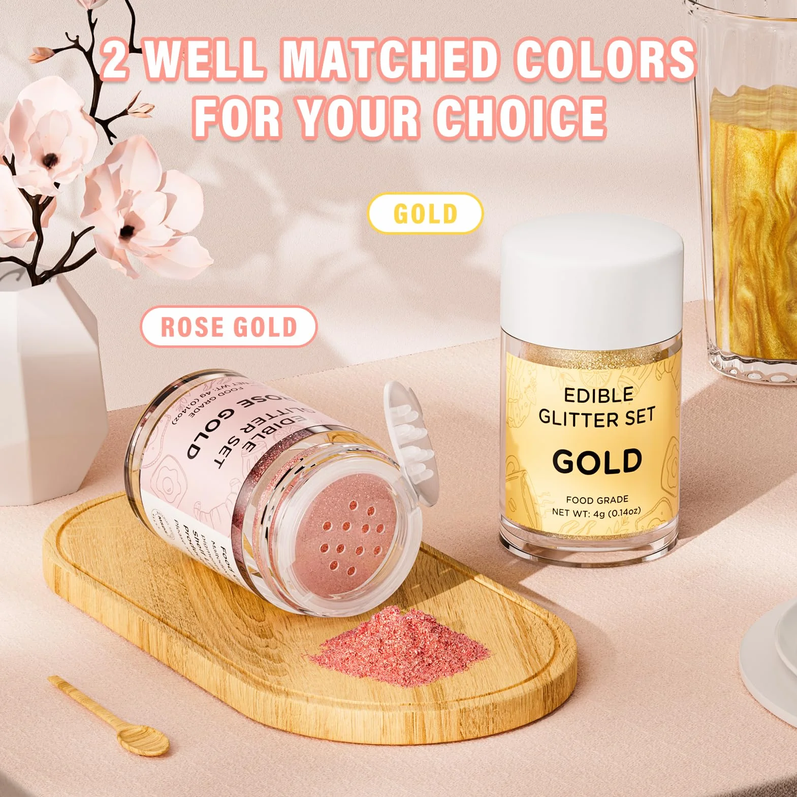 Purpurina Comestible Oro y Oro Rosa, Waysroma 2 Colores Purpurina Comestible Reposteria Sprinkles Reposteria para Tartas, Bebidas, Pasteles, Fresas, Fondant, Pascua Chocolate