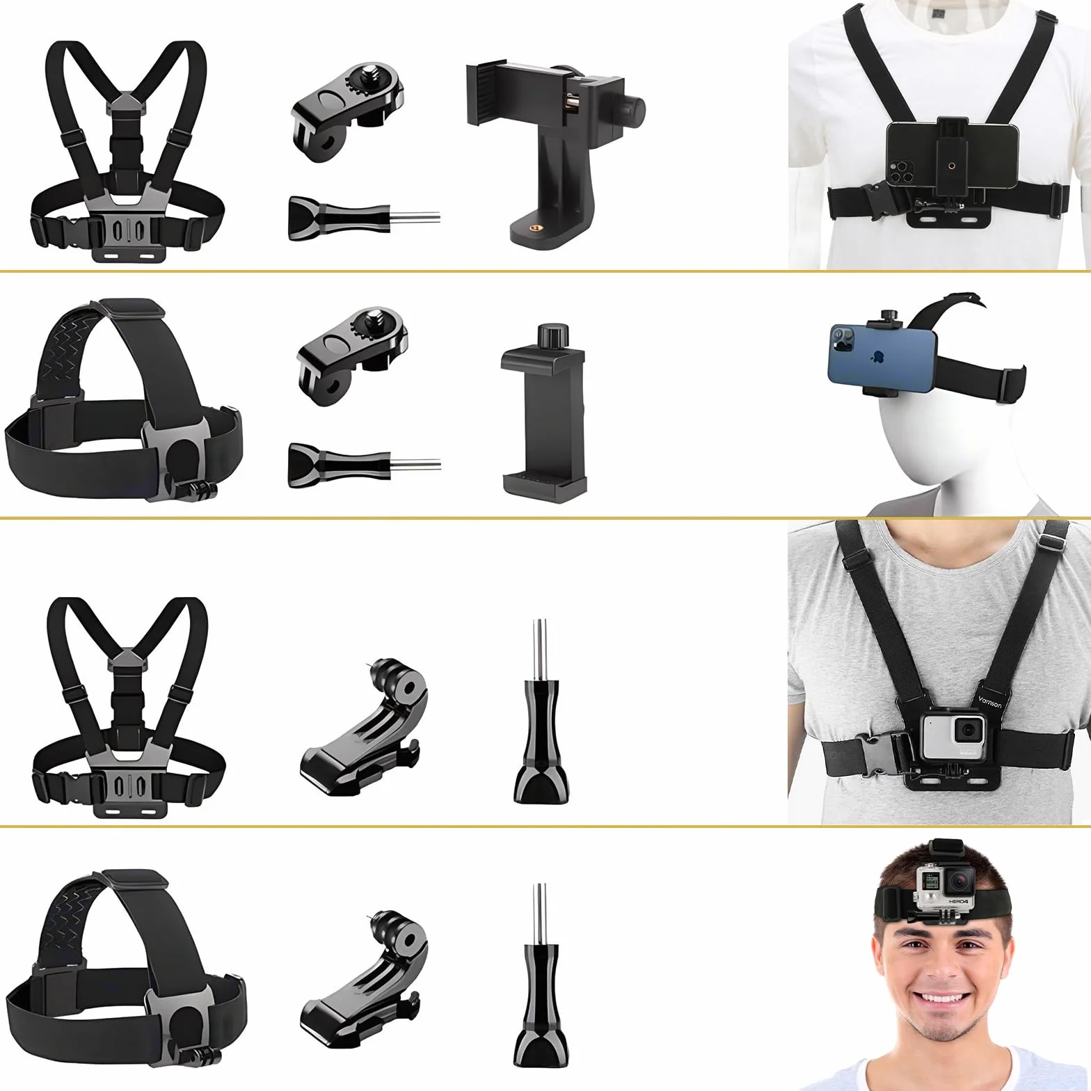 Soporte Móvil Pecho Cámara Arnés 3 en 1 Accesorios Deportivos para GoPro Hero DJI Osmo Smartphone