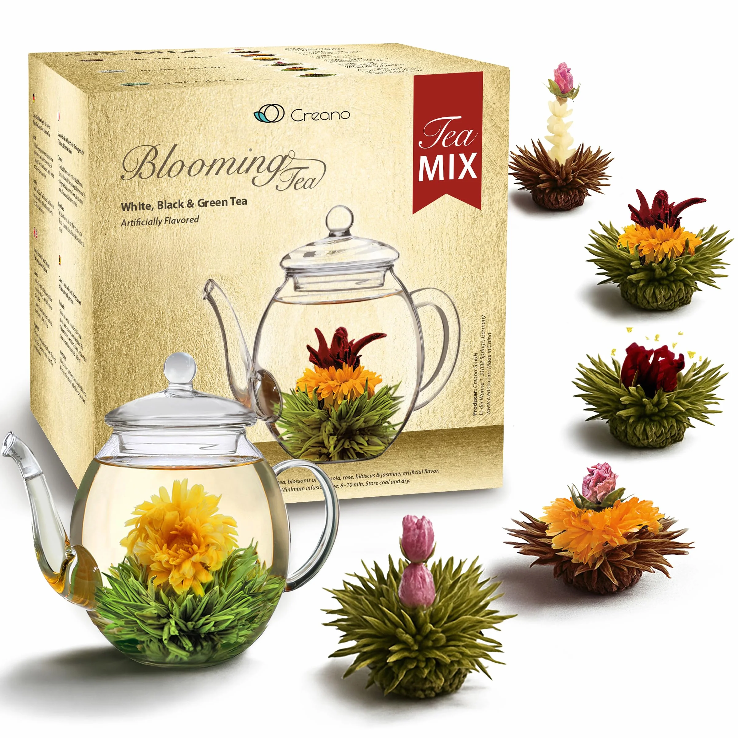 Creano Cofre de Oro Mezcla Flores de Té 6 uds Tetera de Vidrio 500ml Antigoteo Blanco, Verde y Negro