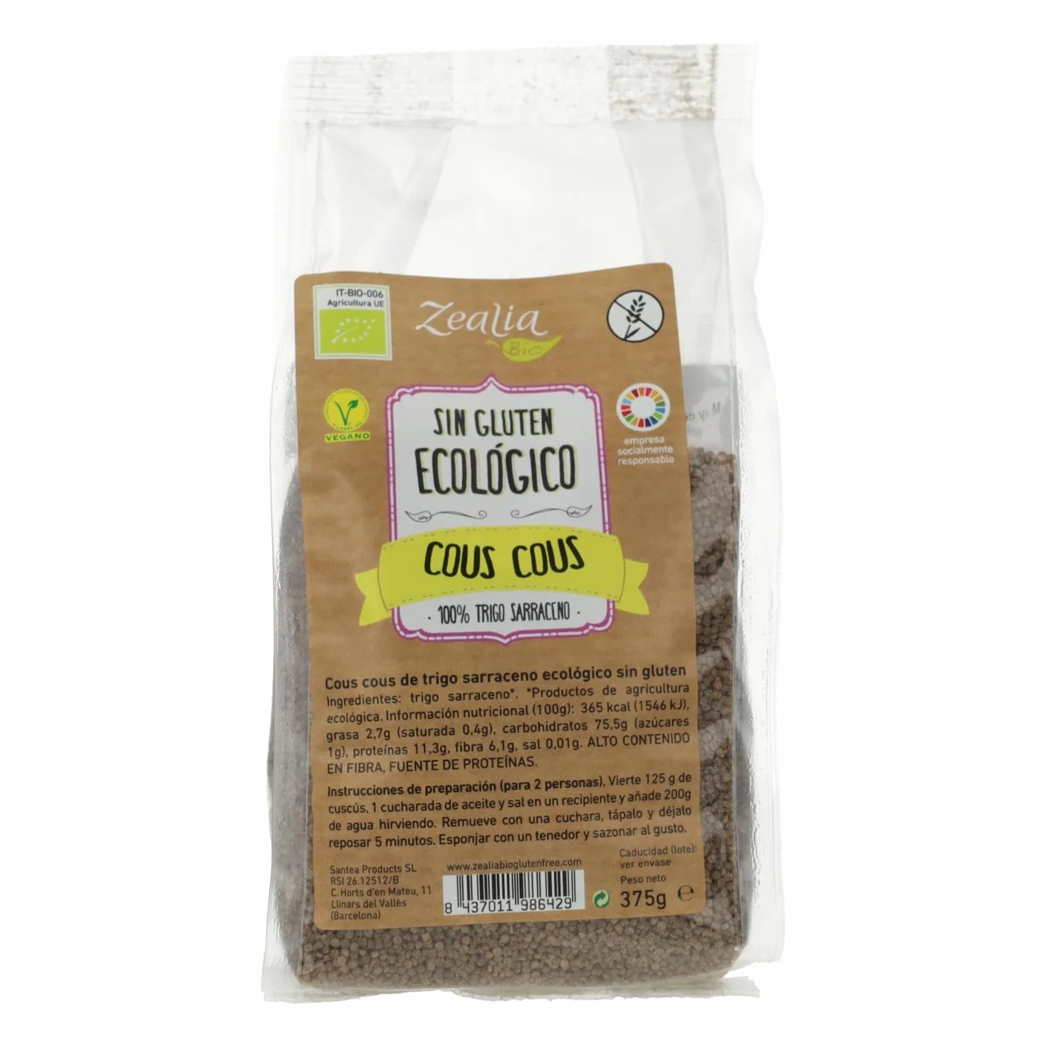 Cous cous trigo sarraceno Sin Gluten Bio 375 g