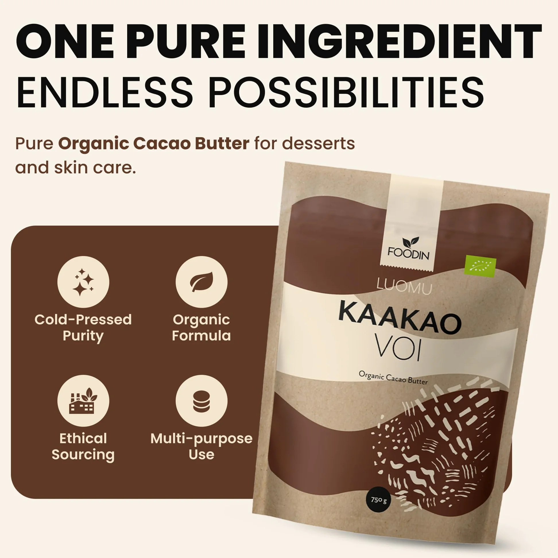 FOODIN Manteca de cacao ecológica — Kakaobutter pura para cuidado de la piel – Ideal para repostería, postres y cocina – Aroma suave y nutritivo – 750 g
