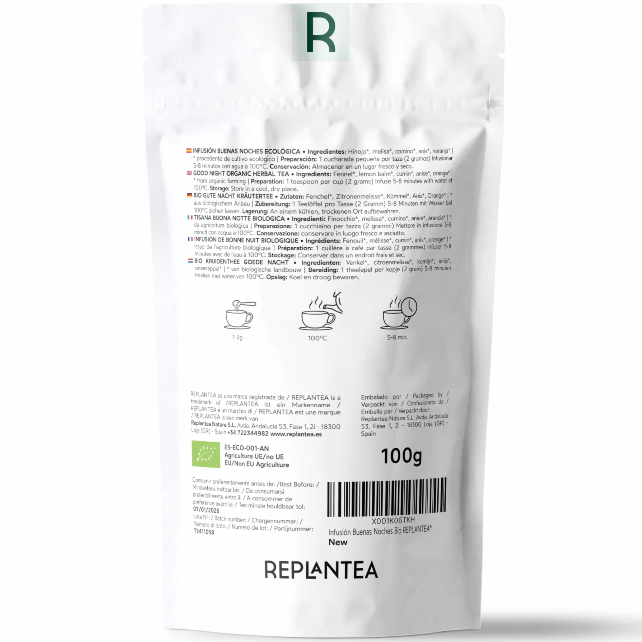 INFUSION PARA DORMIR Buenas Noches 100% Ecológica 100g (50 Tazas) | INFUSION DE MELISA con Hinojo, Anís, Naranja Orgánicos REPLANTEA®