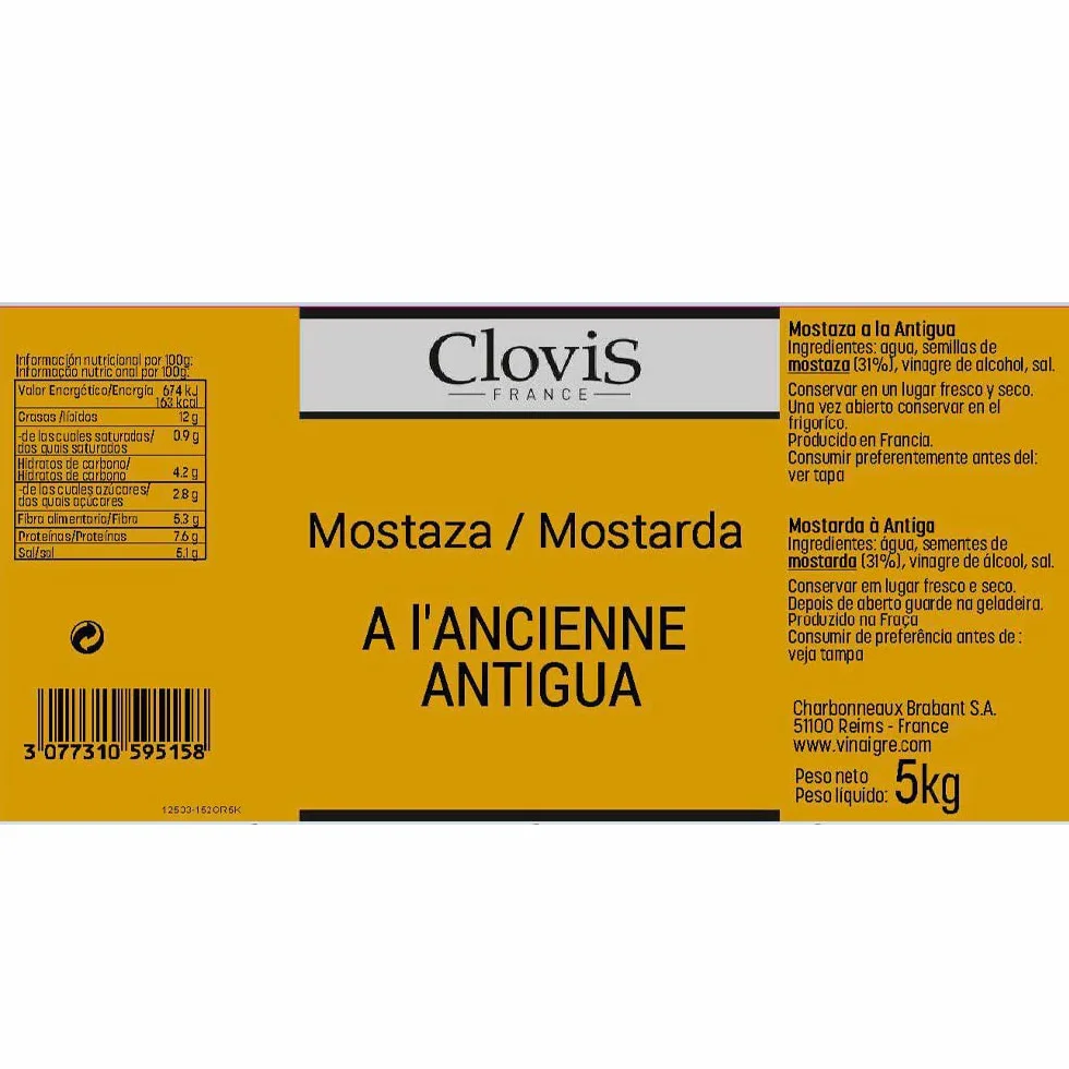 Mostaza a la Antigua Clovis 5kg Salsa Original Francia Granos Enteros Condimento
