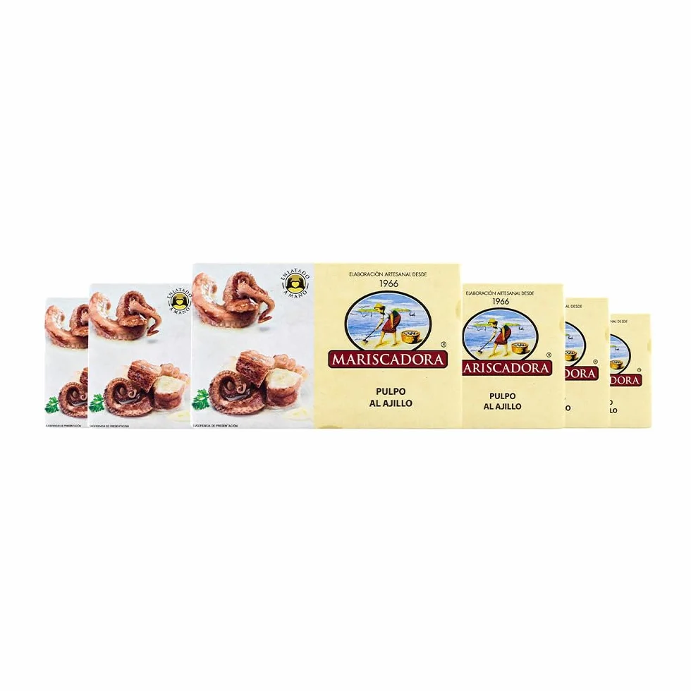 Pack 6x Pulpo al Ajillo Mariscadora – 110 g c/u | Pulpo Tierno en Salsa Ajo y Guindilla | Conserva Gallega Artesanal | Sin Aditivos
