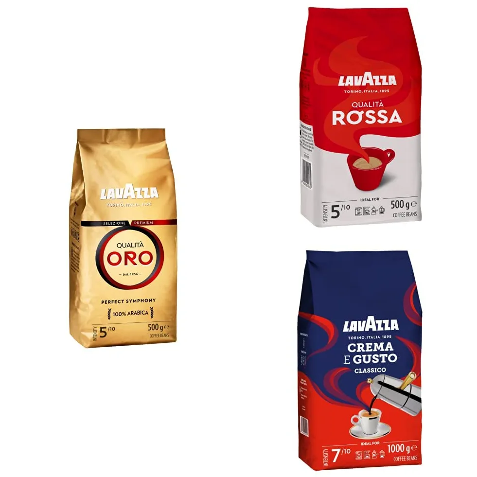Lavazza, 3 Paquetes Surtidos de Cafè en Grano Natural, Qualità Oro 500 g, Qualità Rossa 500g, Crema e Gusto Classico 1 kg, Arábica y Robusta, Ideales para Máquina de Café Espresso o Superautomática