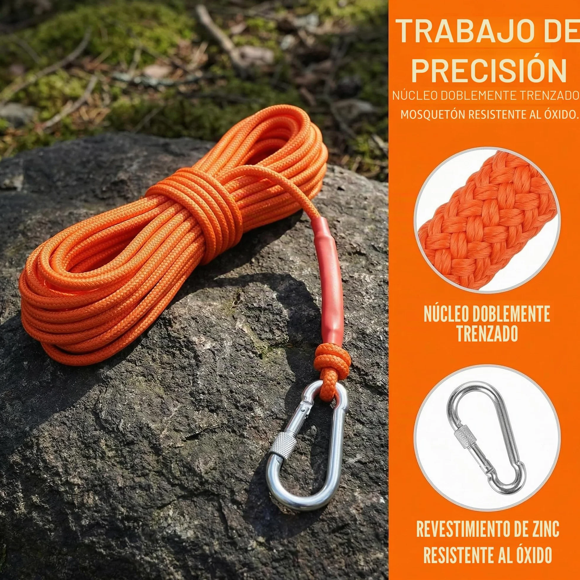 Cuerda de Escalada Auxiliar 20m 6mm con Mosquetón Naranja Multiusos