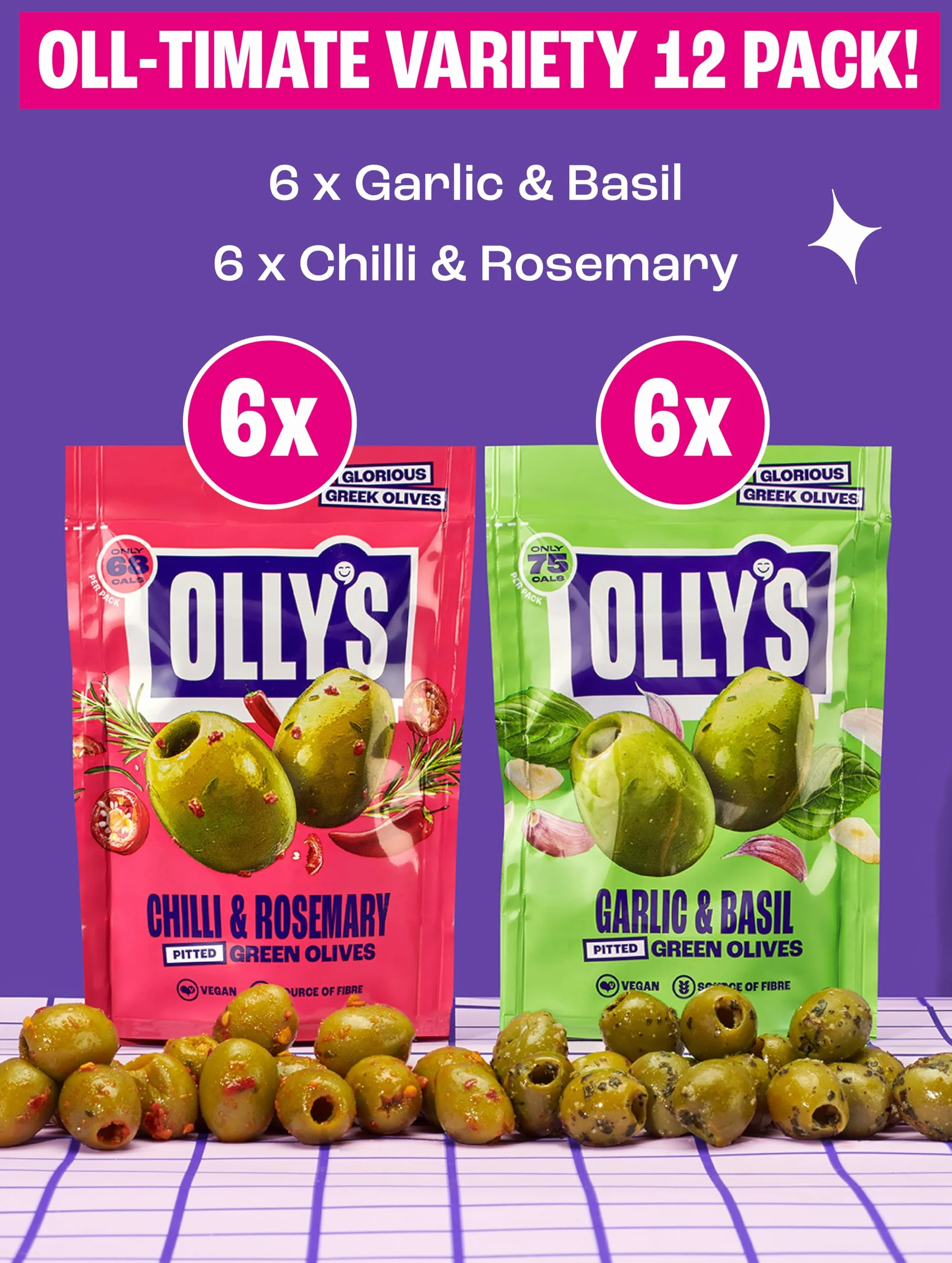 Olly's Olives | Mixed Selection of Flavoured Olive Packs | 12 x 50g Pouches