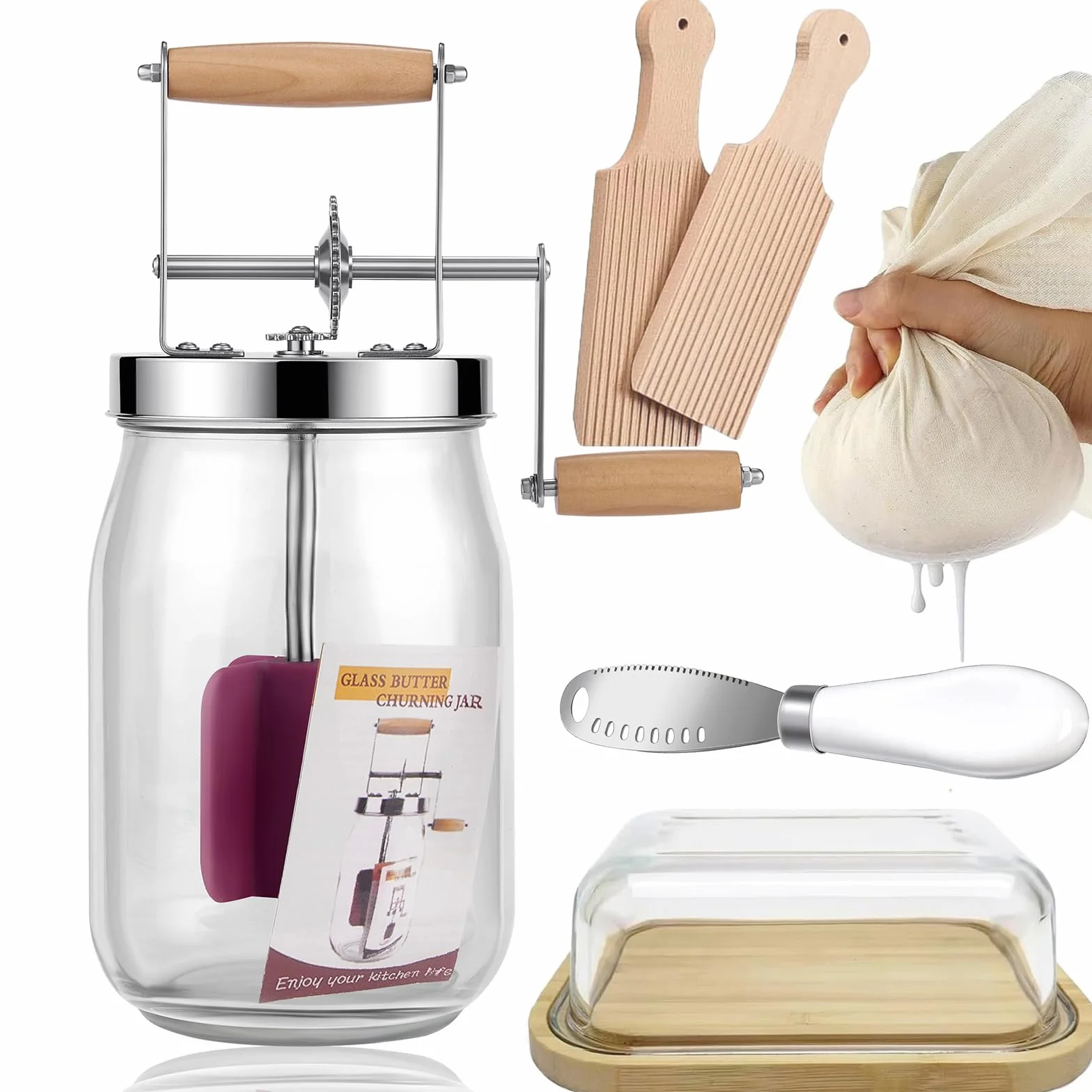 Kit de jarra de mantequilla de 1,5 L, jarra de mantequilla manual vintage con mango de madera, sistema de engranajes de acero inoxidable, jarra de mantequilla con manivela para hornear utensilios