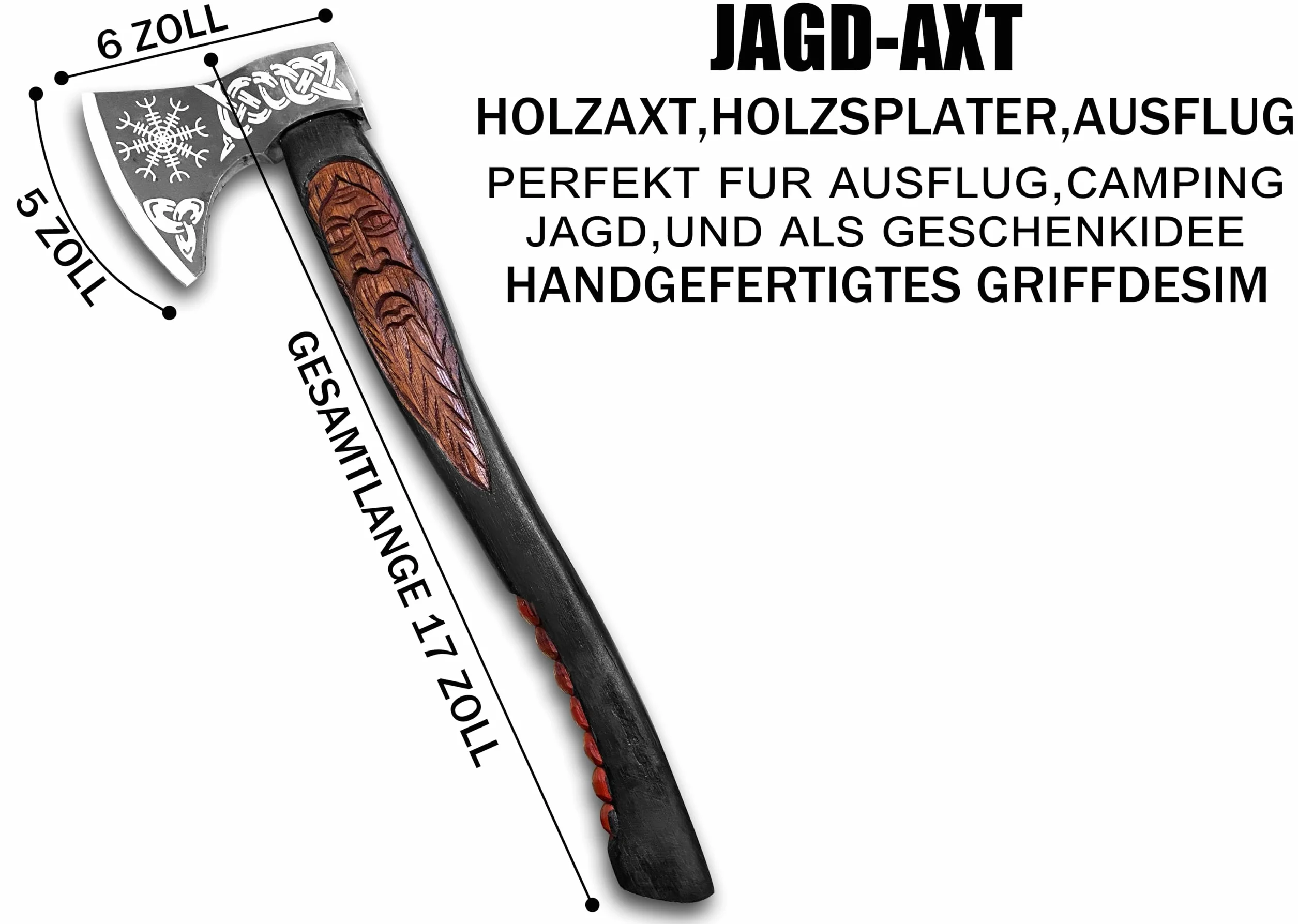 Novahaven Ragnarök Hacha forjada a mano 22 pulgadas acero al carbono mango madera de fresno tallada diseño lobo dragón funda de piel