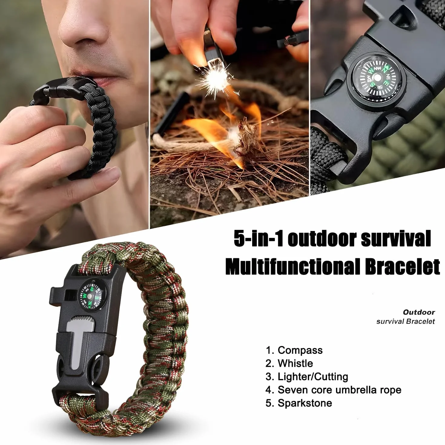 Pulsera de supervivencia de paracord 2 piezas, 5 en 1, cuerda de 3,5 m, piedra de fuego, brújula, silbato, cuchillo