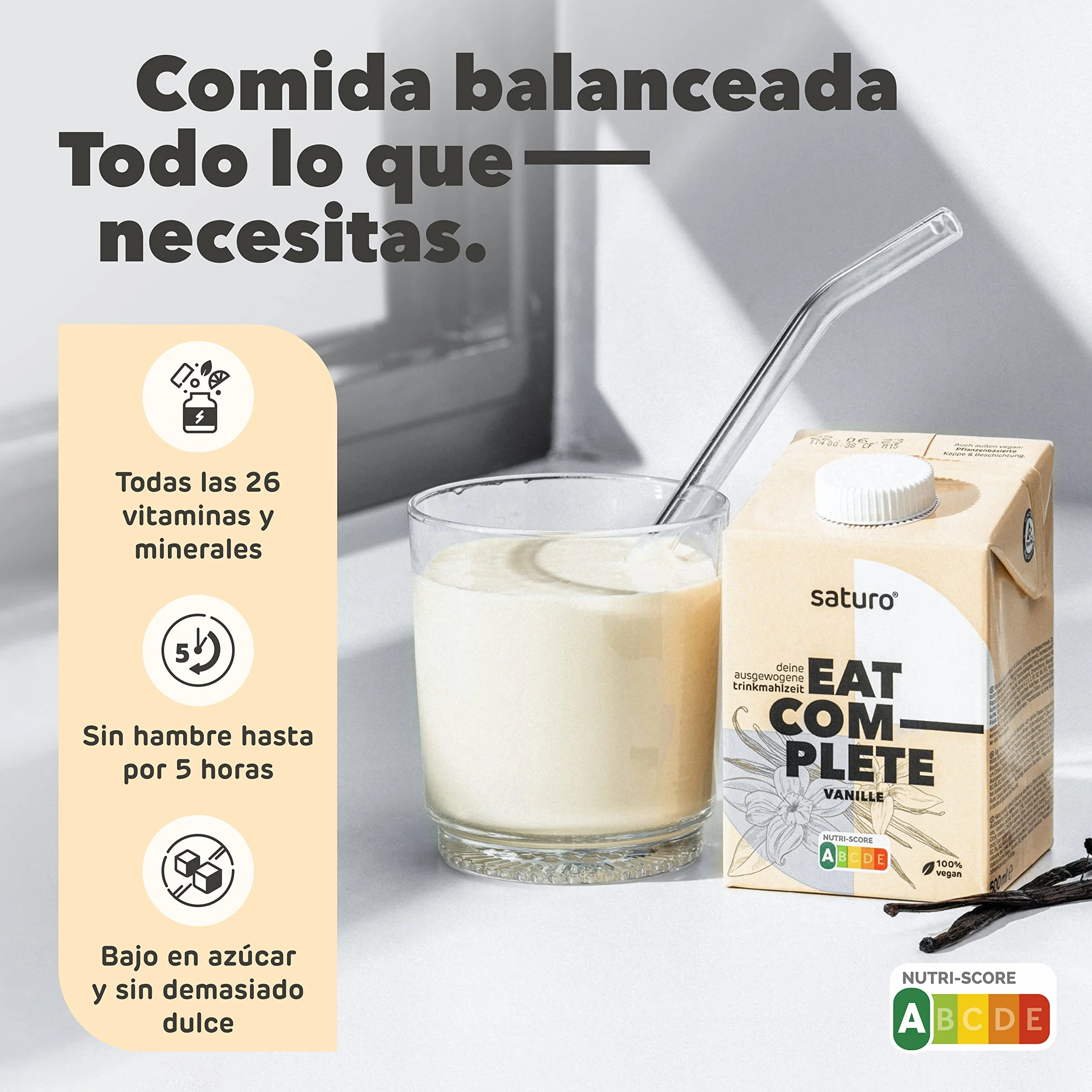 Saturo Batido de Vainilla Sustituto de Comida | Comida para astronautas con proteínas y 500kcal | Vegano | Comida bebible con nutrientes esenciales | 6 x 500 ml
