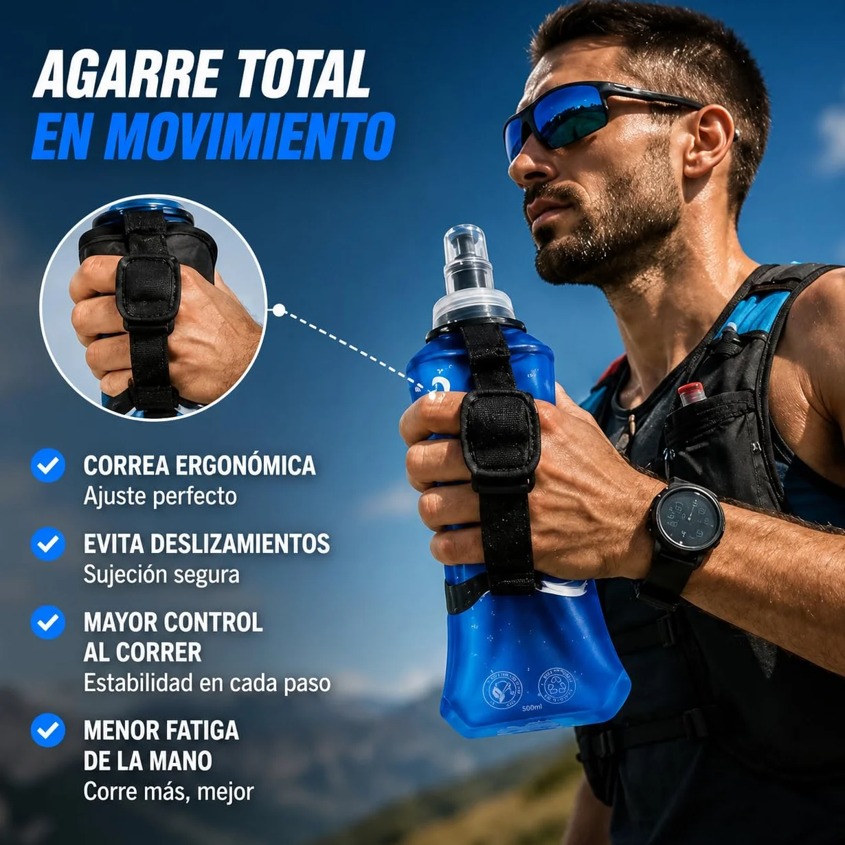 Pack de 4 Soft Flask 250ml y 500ml Botella Plegable Agua Running TPU Libre BPA Válvula Antigoteo