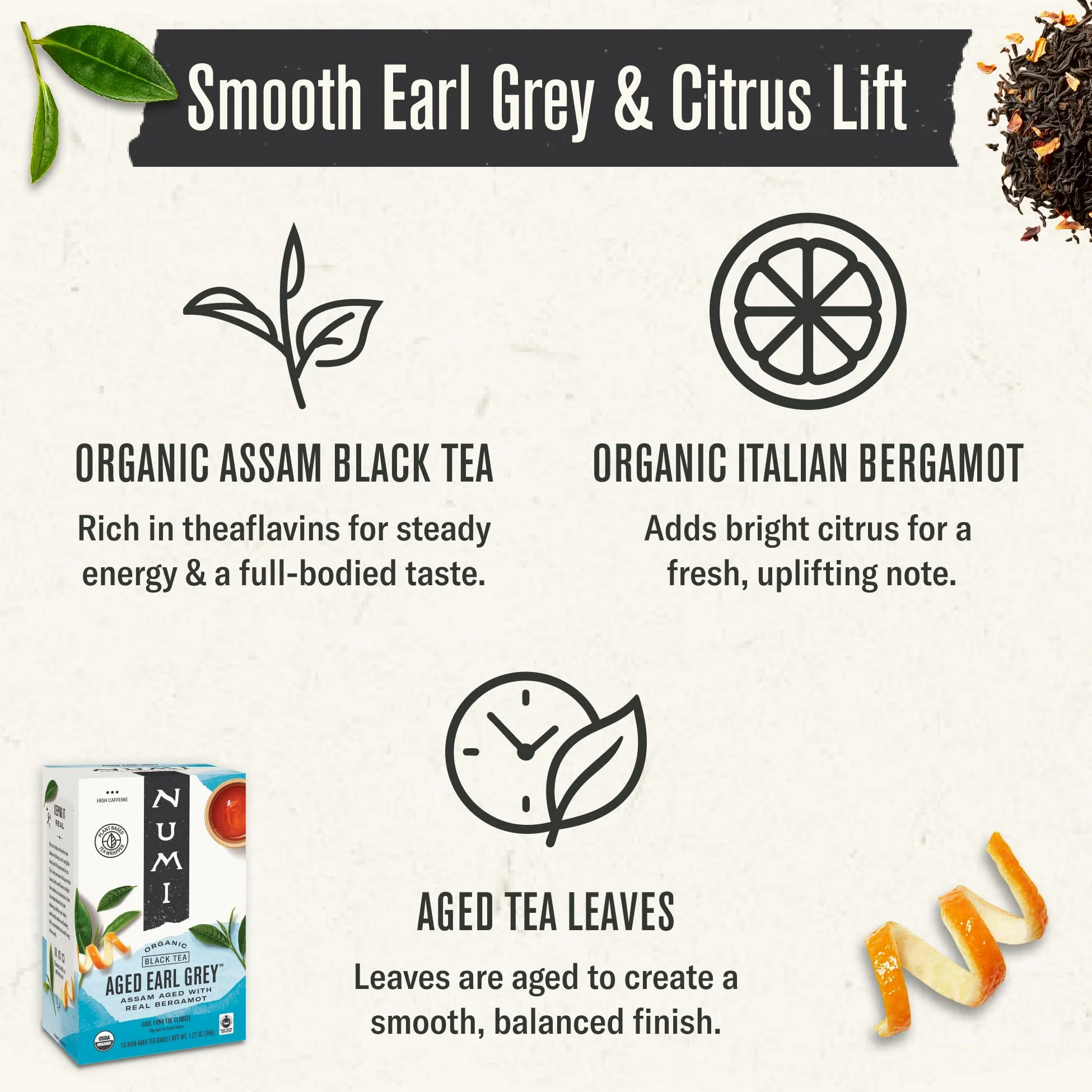 Numi Organic Tea Aged Earl Grey, Full Leaf Black Tea, 18 Count Tea Bags (Pack of 3)