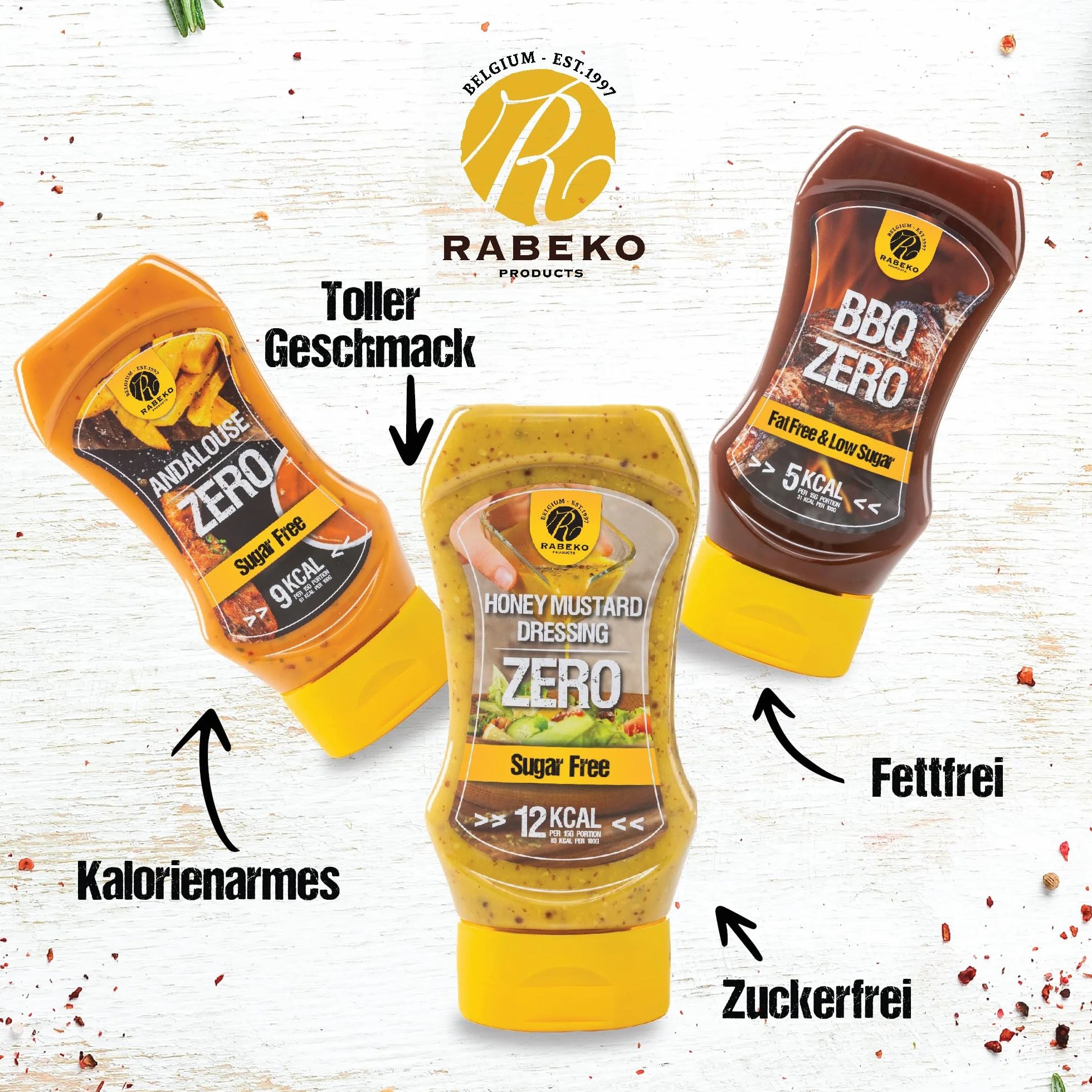 Rabeko Zero Sauce - trufa cero, 3 x 350 ml - productos saludables bajos en carbohidratos, bajos en calorías y grasas para ensaladas, papas fritas, hamburguesas - sin gluten ni lactosa