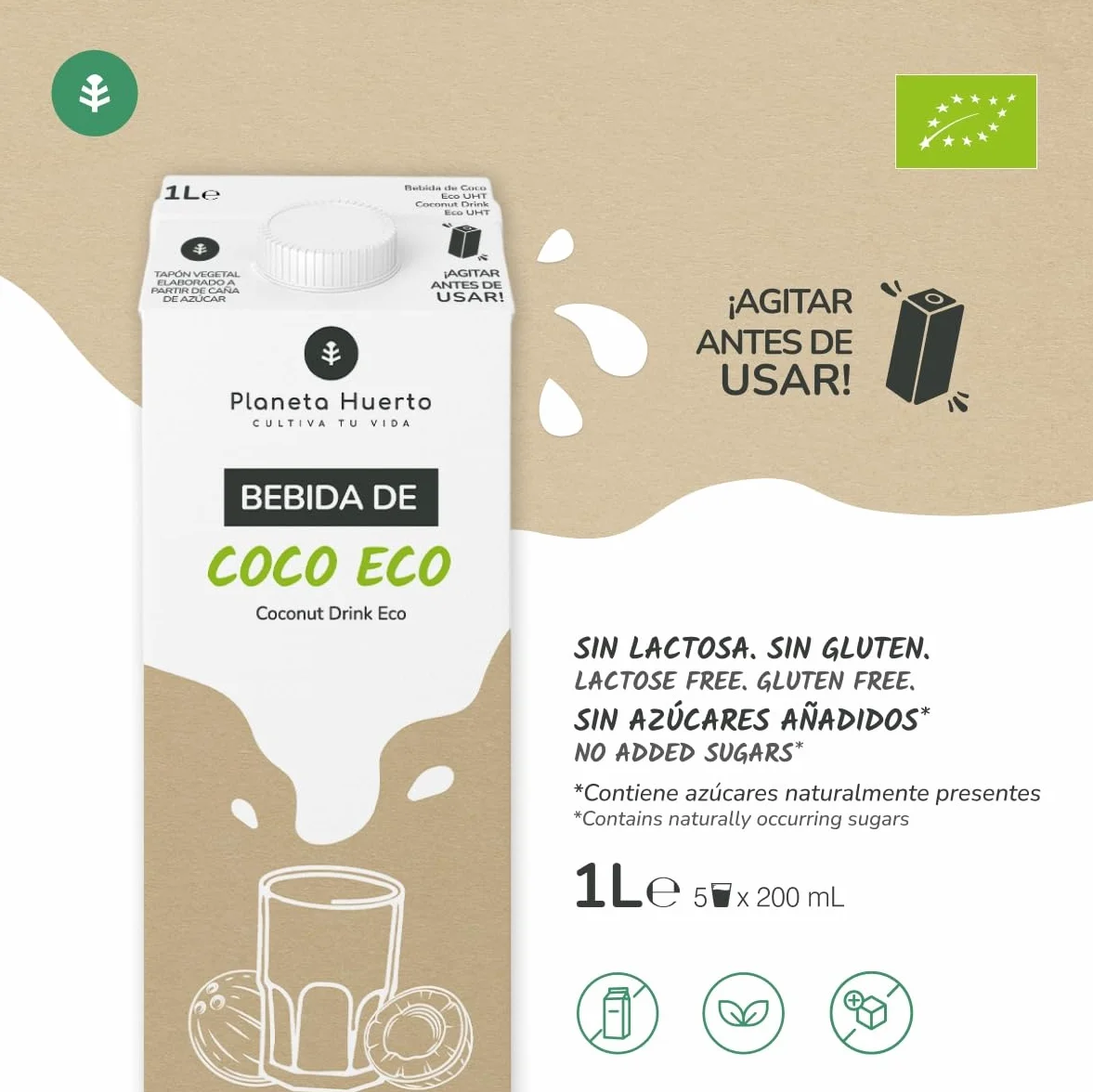 Pack 12× Bebida de Coco ECO 1 L – Bebida Vegetal sin Lactosa, sin Azúcares Añadidos, Ecológica