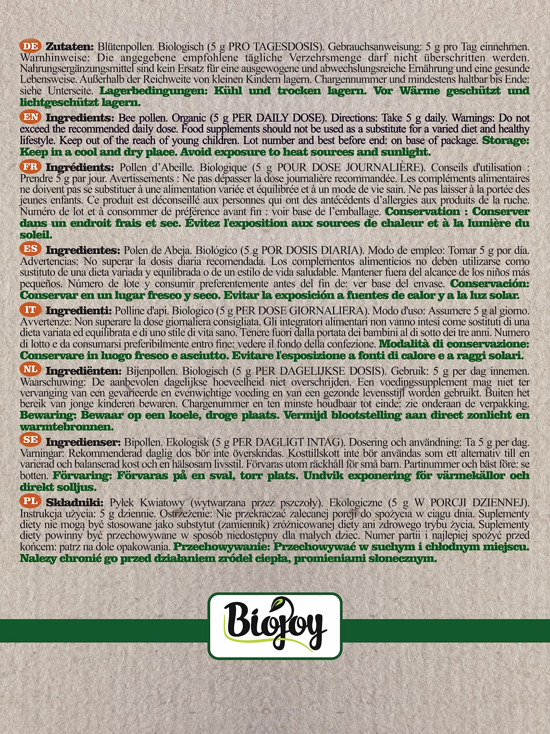 Biojoy Polen de Abeja Ecológico (500 g), Polen de Flores en Gránulos, Natural, Ideal para Comer