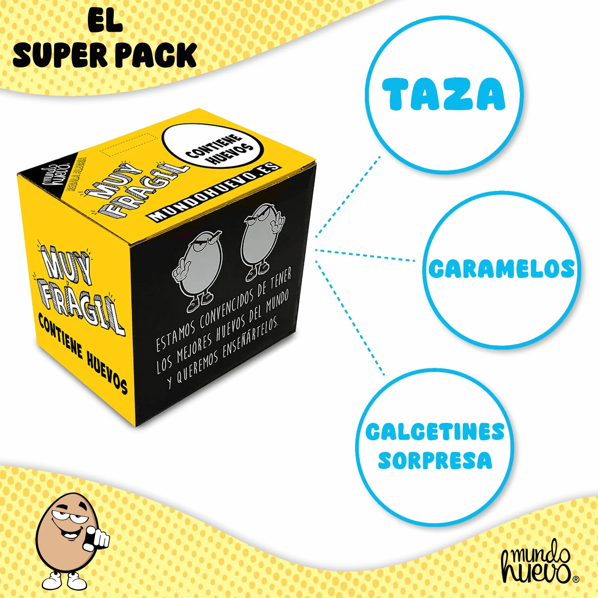 mundohuevo Regalo Divertido Dia del Padre | Taza Personalizada Papa TE Queremos UN Huevo, Caramelos de Broma PAPACOMPLEX y Calcetines Sorpresa.