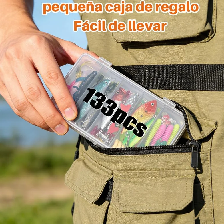 Kit de Señuelos de Pesca 133 Piezas, Set de Cebos Artificiales con Caja, Señuelos para Spinning, Río y Mar