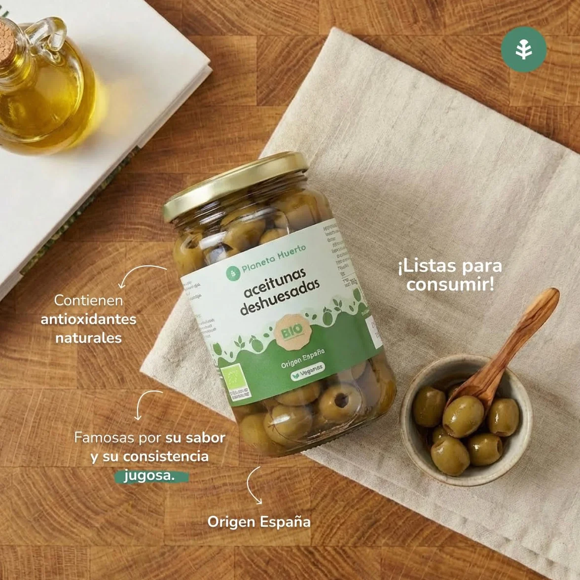 PLANETA HUERTO | Aceitunas verdes deshuesadas ecológicas Eco 335 g - Aceitunas Conservadas en salmuera natural con limón, 100% agricultura ecológica