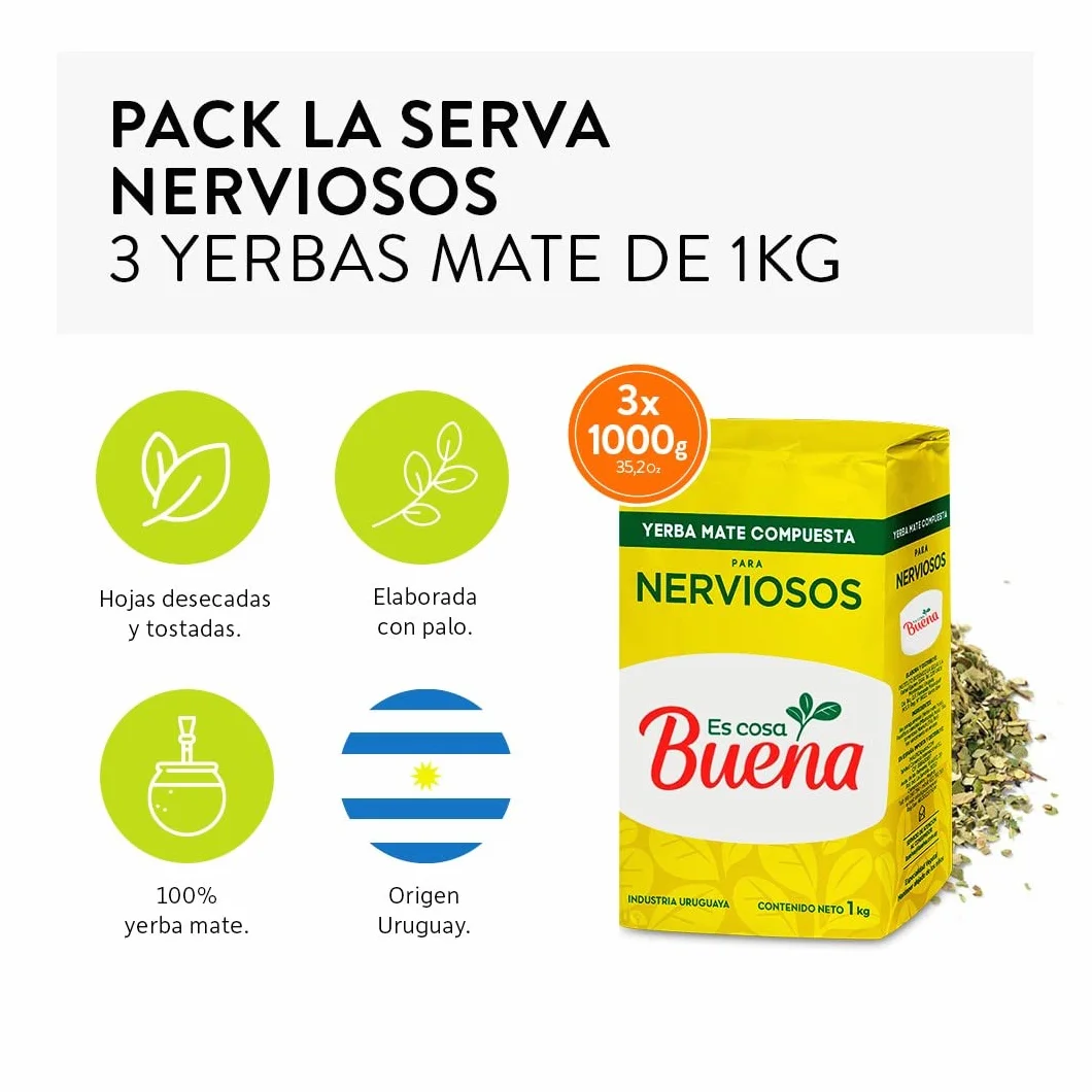 Qumir - Pack de Yerba Mate Es Cosa Buena Nerviosos 1Kg - 3 Unidades - Total 3 Kg de Yerba Mate - La Yerba de Siempre con nuevo nombre