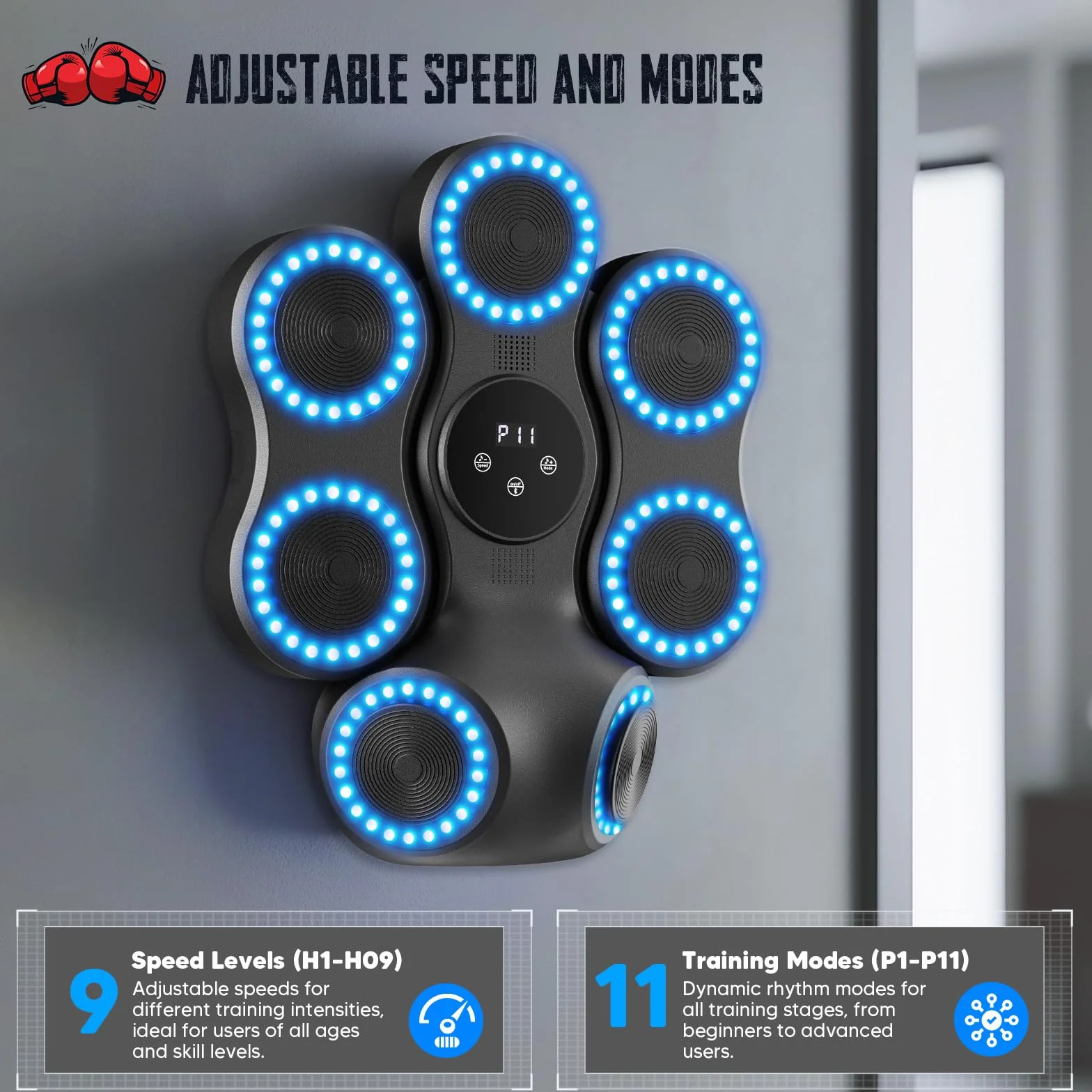 Maquina Boxeo Pared Musical con Bluetooth y Pantalla LED, 9 Velocidades, 11 Modos Entrenamiento
