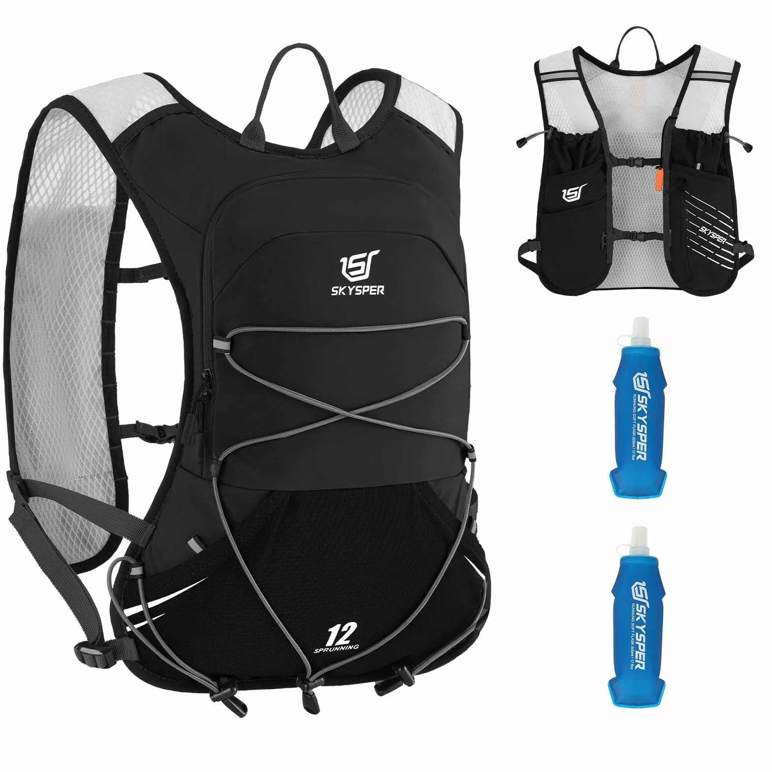 SKYSPER Chaleco de Hidratación Running 12L Ligero con 2 Botellas 500ML Reflectante para Trail Maratón