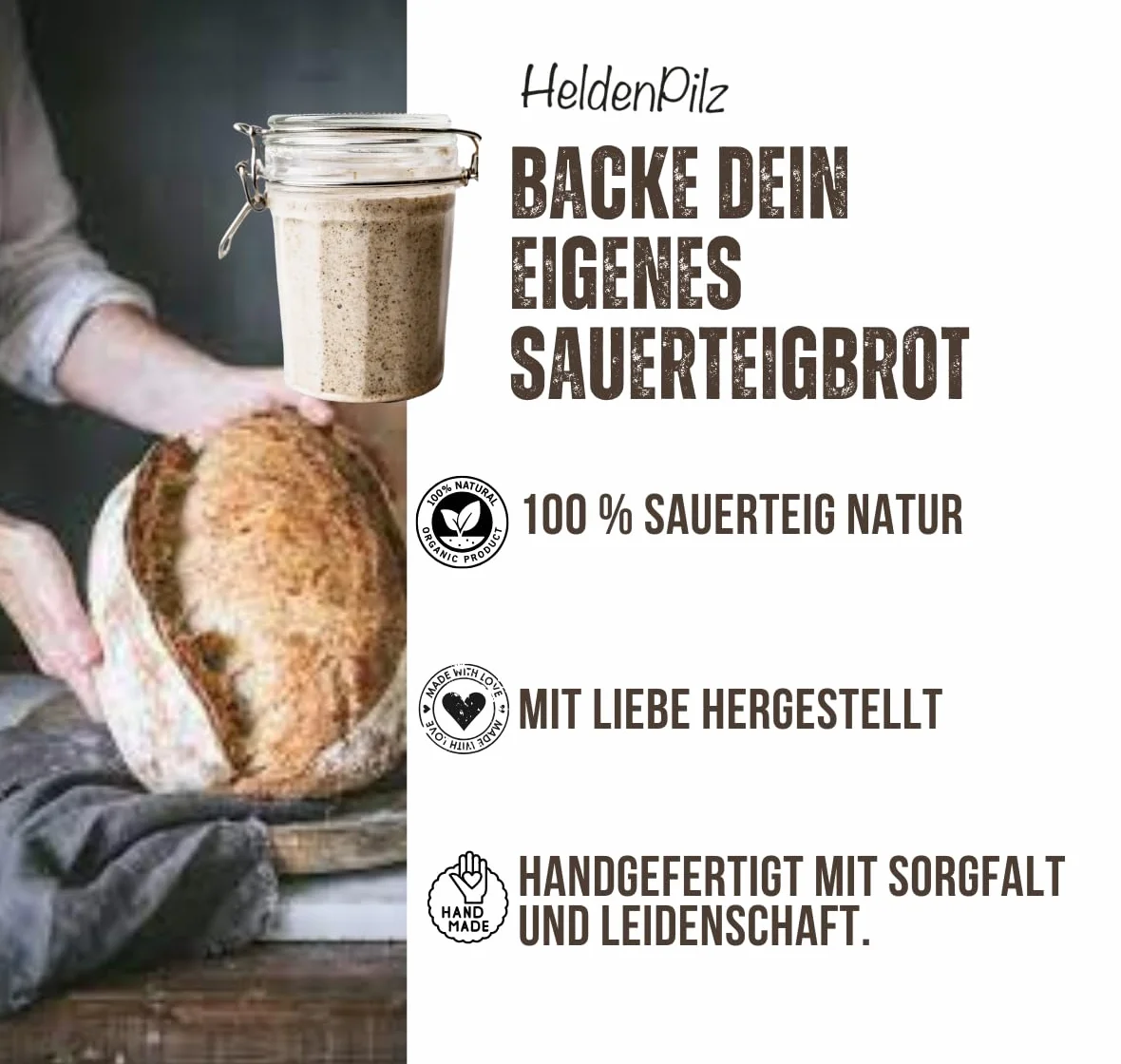 HeldenPilz Juego de cestas de fermentación – Bio masa madre Starter incluye cesta, vaso de vidrio fermentado, tarjeta de acero inoxidable y batidor danés