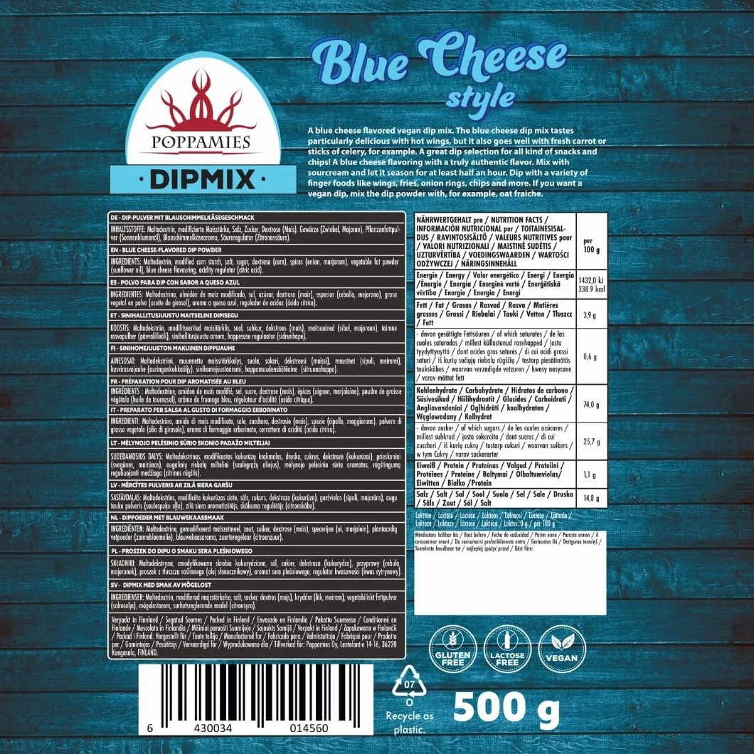 Poppamies Dipmix Blue Cheese Style – Polvo para dip vegano con sabor a queso azul, ideal para alitas, verduras y snacks – Sin gluten, sin lactosa – 500g