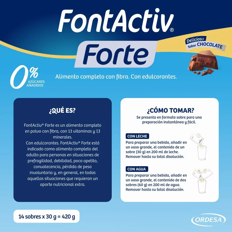 FontActiv Forte ProAction Chocolate | 14 Sobres | Suplemento Nutricional con Fibra para Adultos - 0% Azúcares añadidos