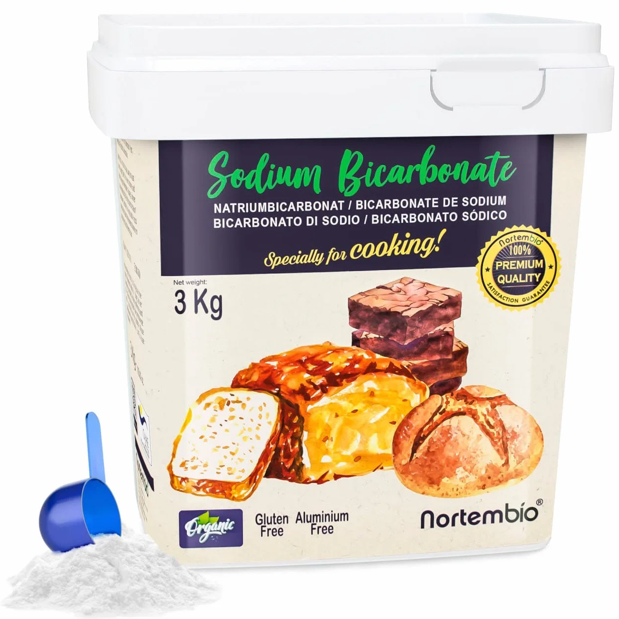 Nortembio Bicarbonato de Sodio E500(ii) 3 kg – Aditivo de Cocina y Repostería, Calidad Gourmet, Alta Pureza 100% Natural + eBook de Recetas