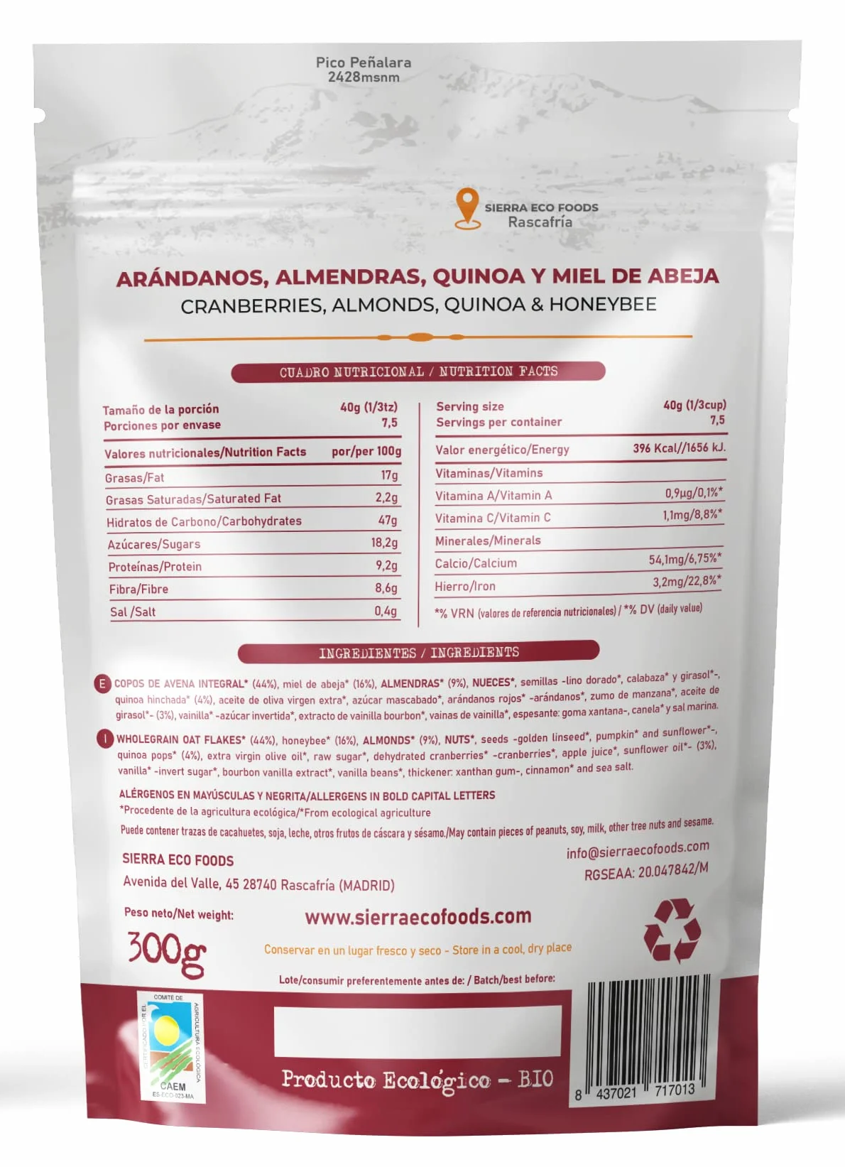 Granola con Arándanos, Almendras, Nueces, Quinoa y Miel de Abeja, Avena Integral, Semillas de Lino, Girasol y Calabaza, Pack 3 x 300g (900g)