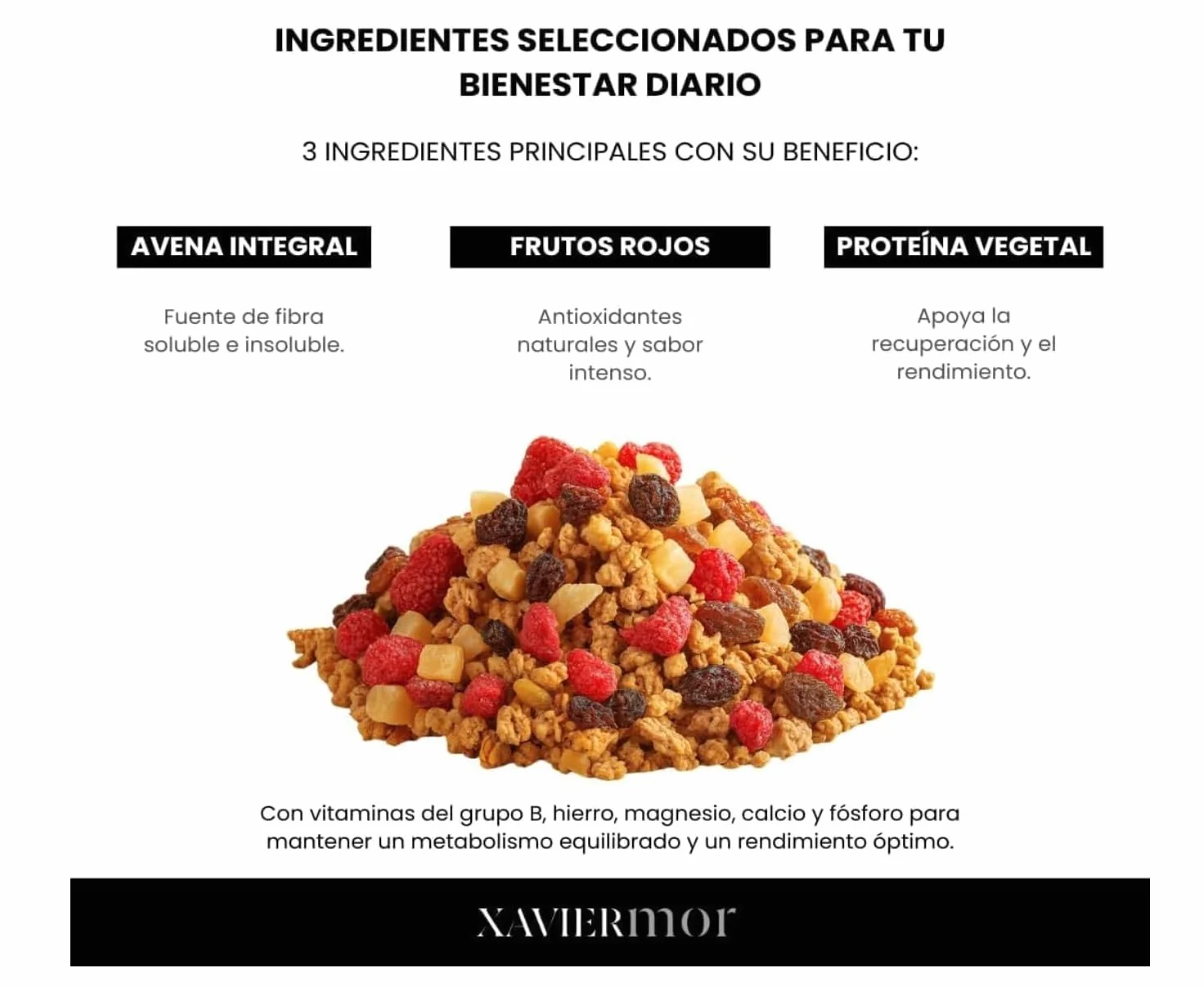 XAVIERMOR – Granola de Avena Crujiente con Frutos Rojos 400g – Desayuno Saludable con Alto Contenido en Proteínas y Fibra – Snack Fitness Nutritivo, Energía Sostenida y Saciedad Duradera