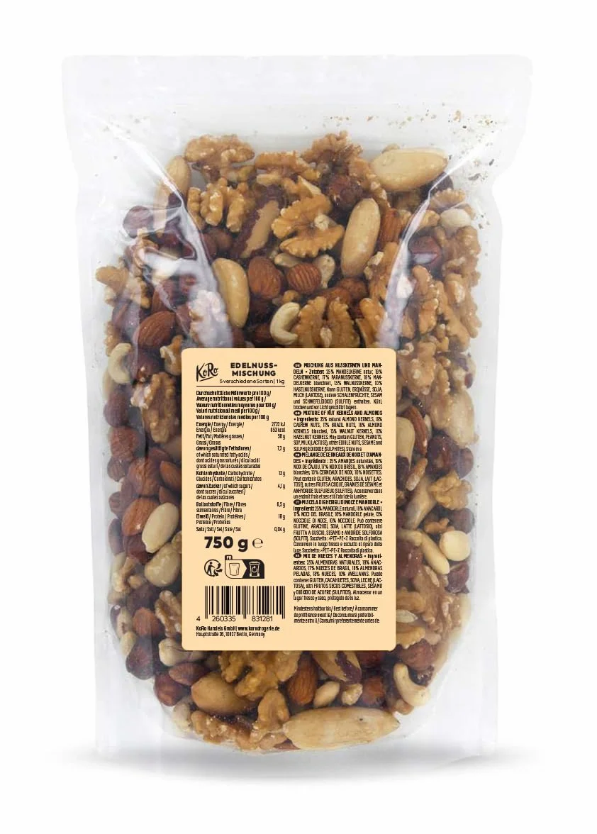 KoRo - Mix de frutos secos KoRo 1 kg - 100 % frutos secos naturales sin sal - Almendras,nueces de Brasil, anacardos, nueces, avellanas