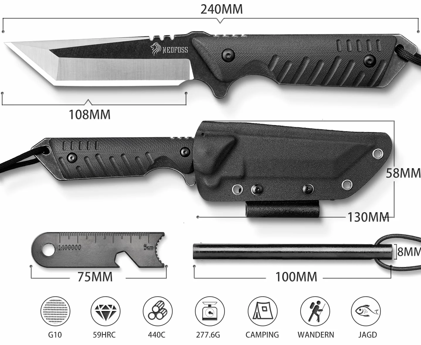 NedFoss DRAGON cuchillo supervivencia bushcraft hoja fija full tang acampada