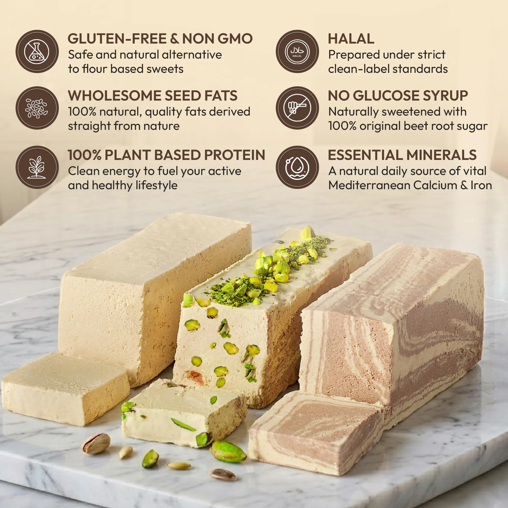 Mughe Gourmet Assortment de Halva 850g en Elegante Caja de Regalo de Lata -3 Barras de Halva de Sésamo y Tahini Marmoladas: Pistacho, Cacao, Vainilla - Halawa Turca, Dulce Vegano -Ocasiones Especiales