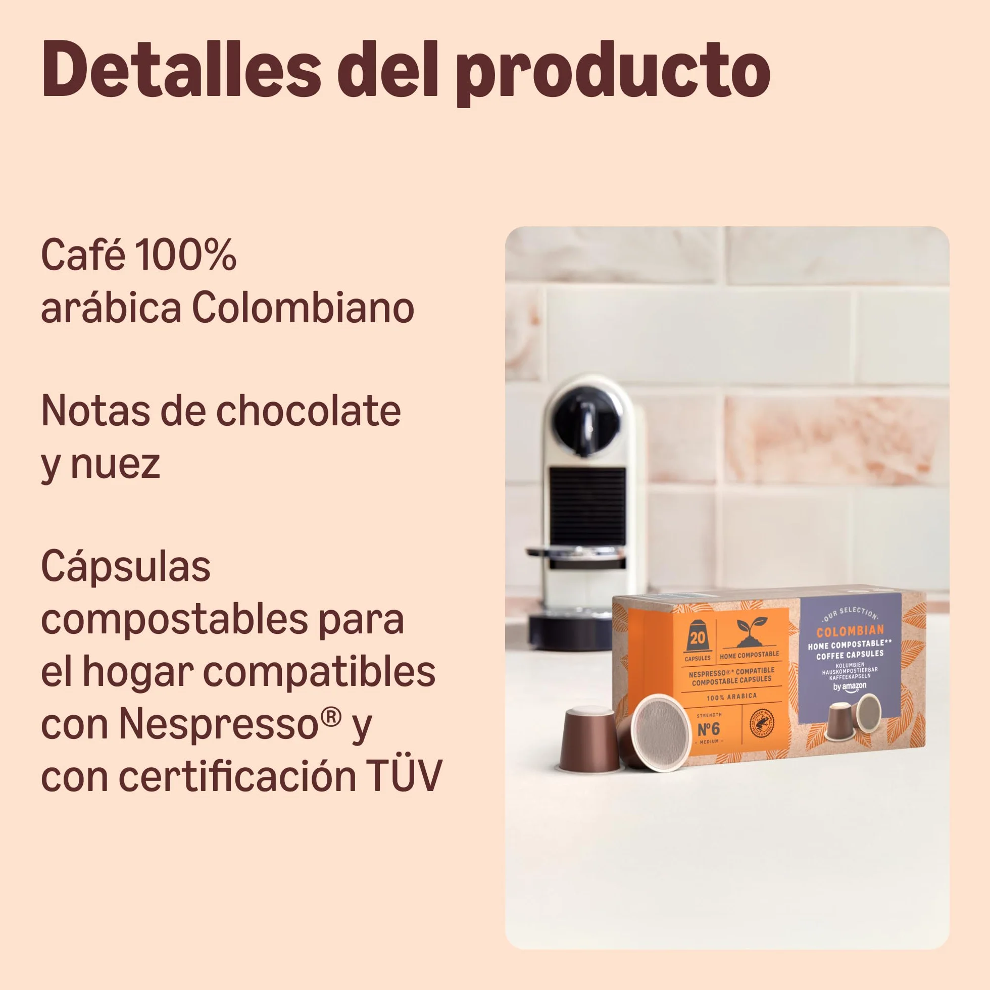 by Amazon Cápsulas de Café Compostables en Casa Compatibles con Nespresso, 100% Arábica Colombiana, 20 Unidades, Certificadas por Rainforest Alliance