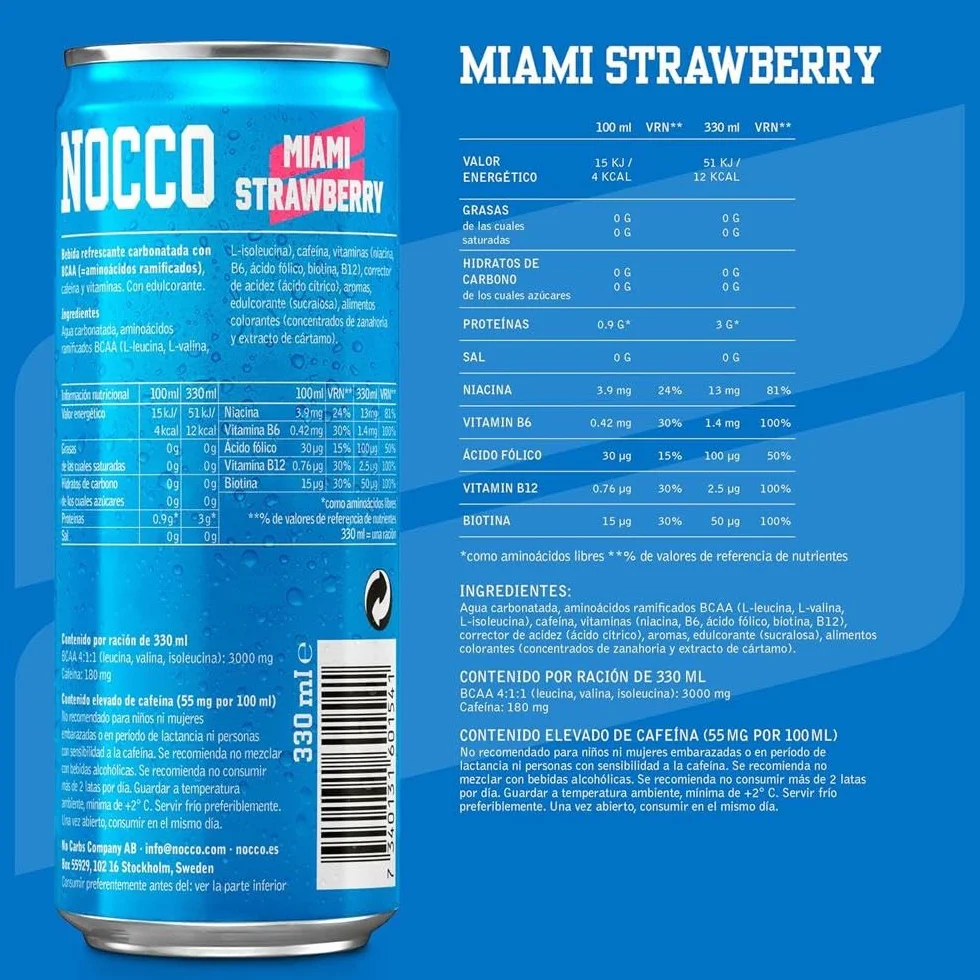 NOCCO BCAA - Bebida Energética con 180mg Cafeína, 3000 mg BCAA, Sin Azúcar, Sin Carbohidratos, Enriquecida con Vitaminas - 24 x 330ml inkl. Pfand (Mix Sabores)