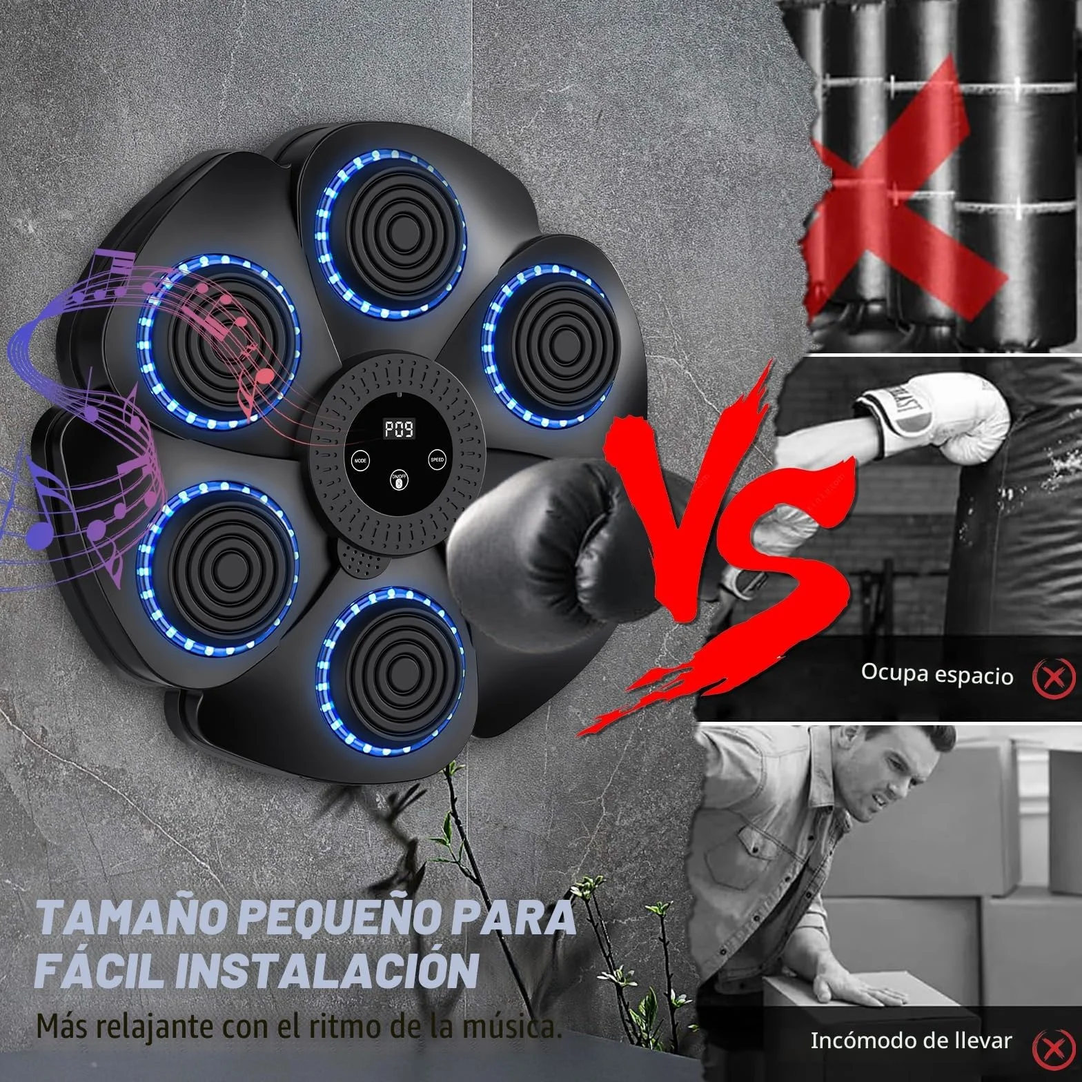Máquina de boxeo musical Bluetooth inteligente montada en la pared con 9 modos de velocidad y contador para adultos y niños