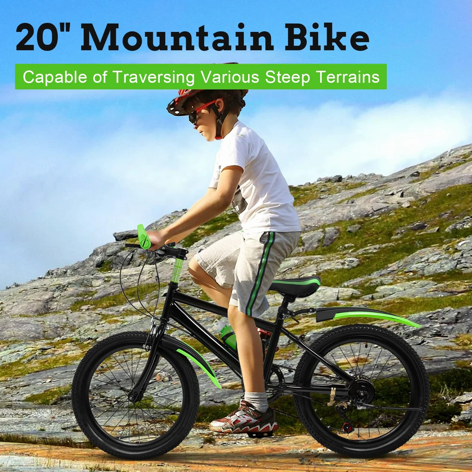 Bicicleta de montaña de 20 pulgadas, 6 velocidades, bicicleta de montaña para niños y niñas, bicicleta de montaña con campana de brújula y soporte para vaso de agua, bicicleta juvenil con