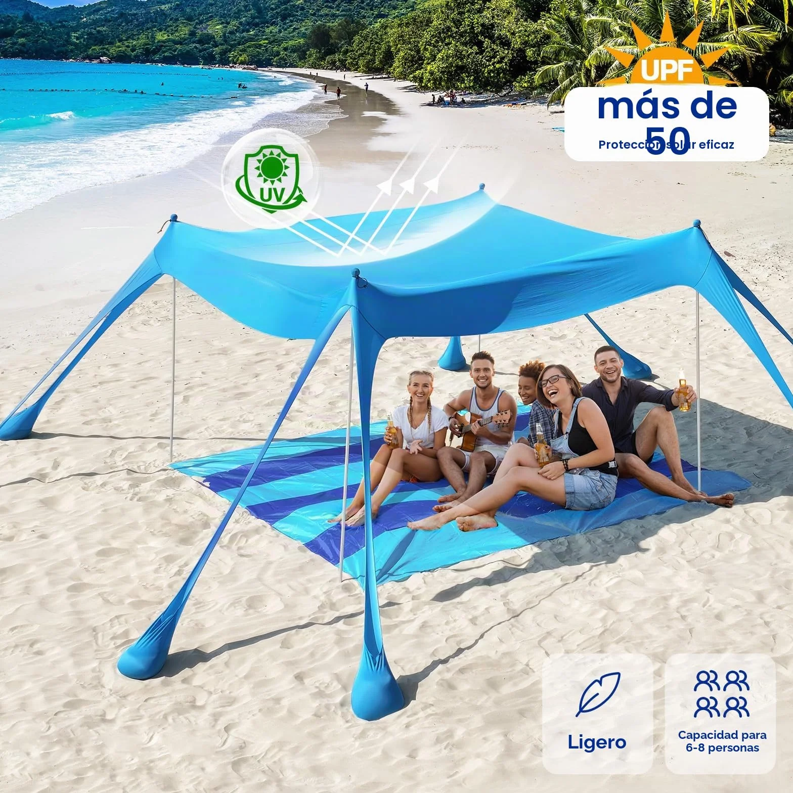 Rhino Valley Toldo de Playa Plegable Portátil Protección UV UPF50+ Resistente Viento con Sacos de Arena