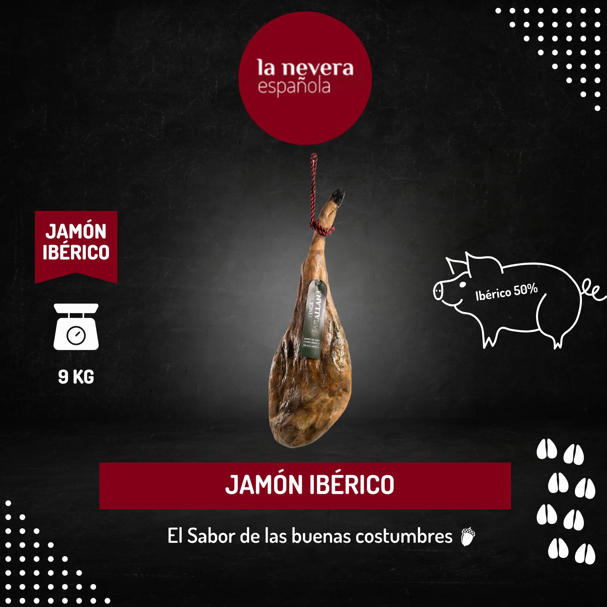 Finca Jarallana - Jamón de Cebo Campo 50% Ibérico - Pieza de 9 kg con Secado Natural y Curación +36 meses - Cerdos de Raza Ibérica