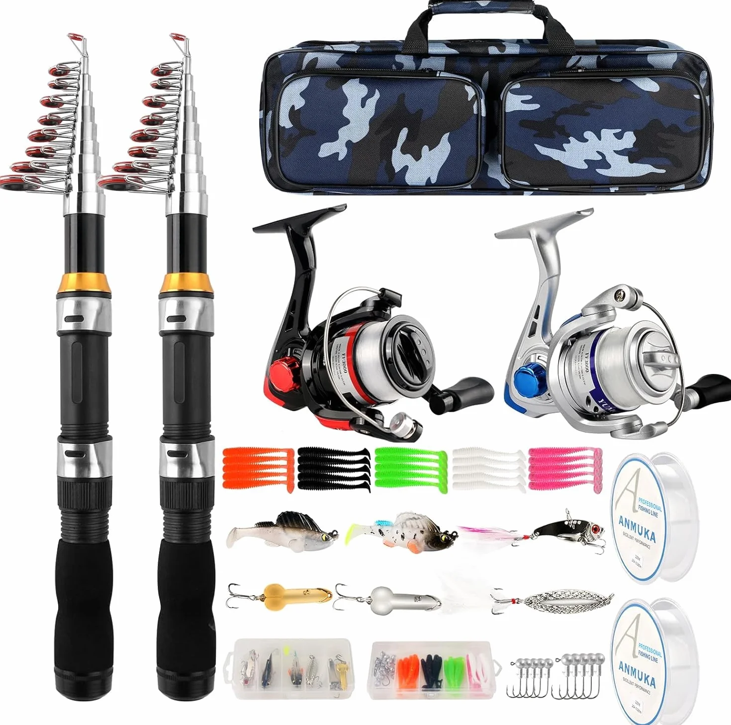 Kit de caña de pescar telescópico giratorio 2 uds 6.89 pies plegable con bolsa