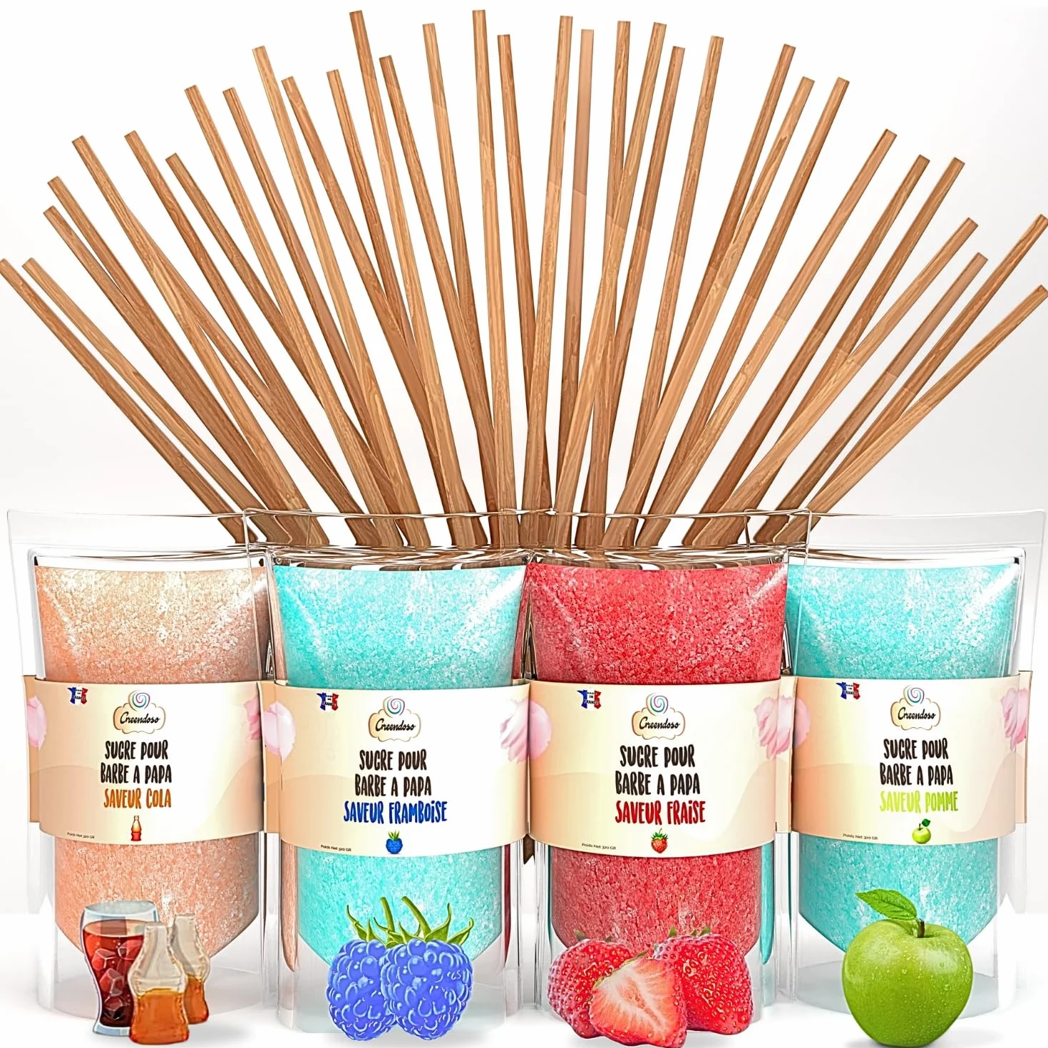 GREENDOSO® Azúcar para Algodón de Azúcar (4x320gr) – Lote de 4 Sabores (Fresa/Cola/Frambuesa/Manzana) – 50 Palitos