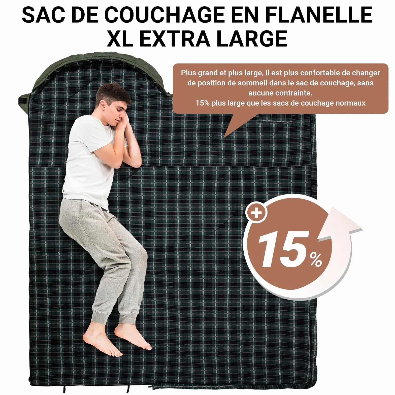 KingCamp Saco de Dormir Adulto XXL de Franela de Algodón, 230 x 90 cm, Cálido, para 3 o 4 Sstaciones, para Acampar y Viajes, con Capucha y Saco de Compresión.